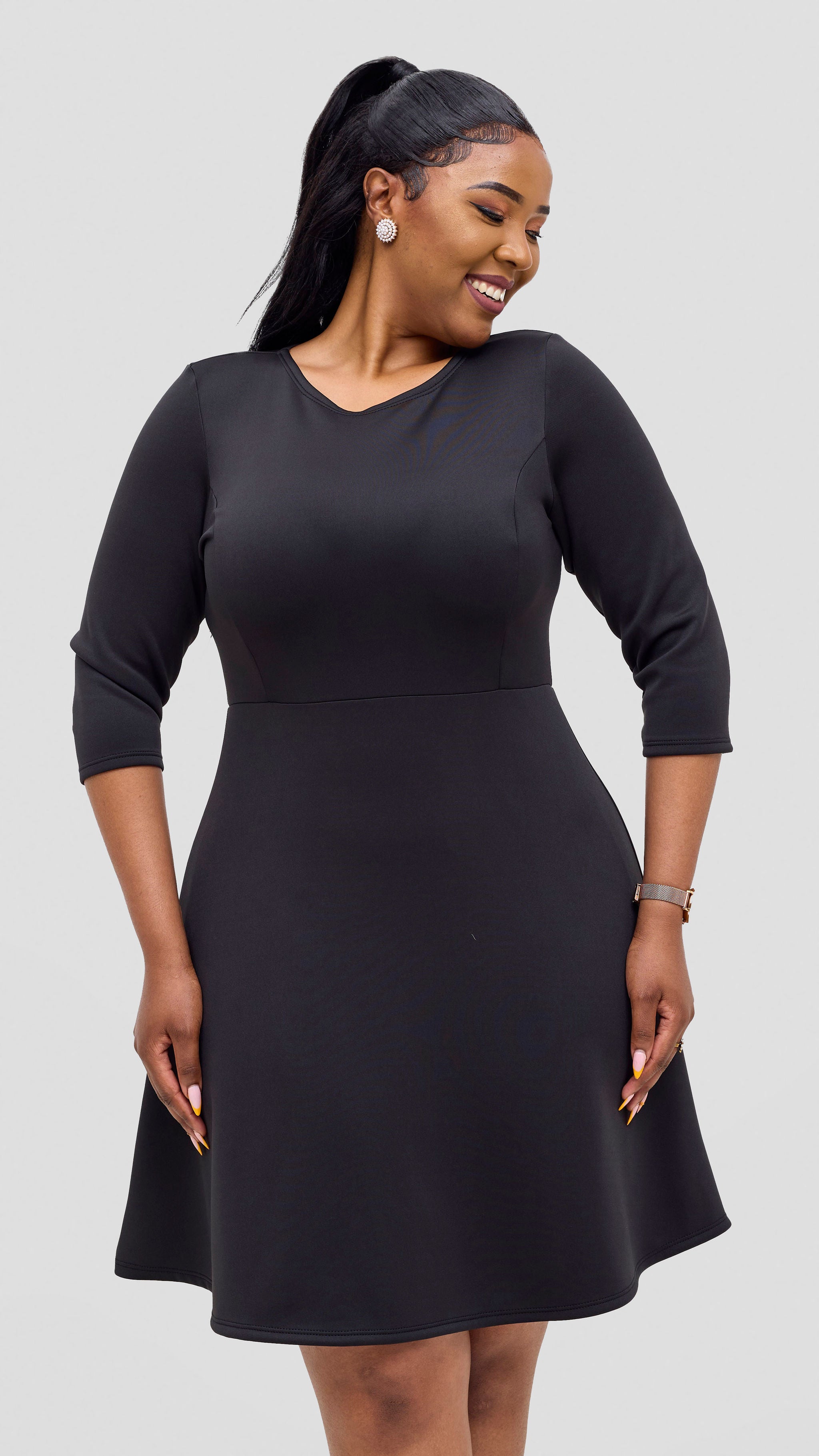 Vivo Diella 3/4 Sleeve A-Line Dress - Black