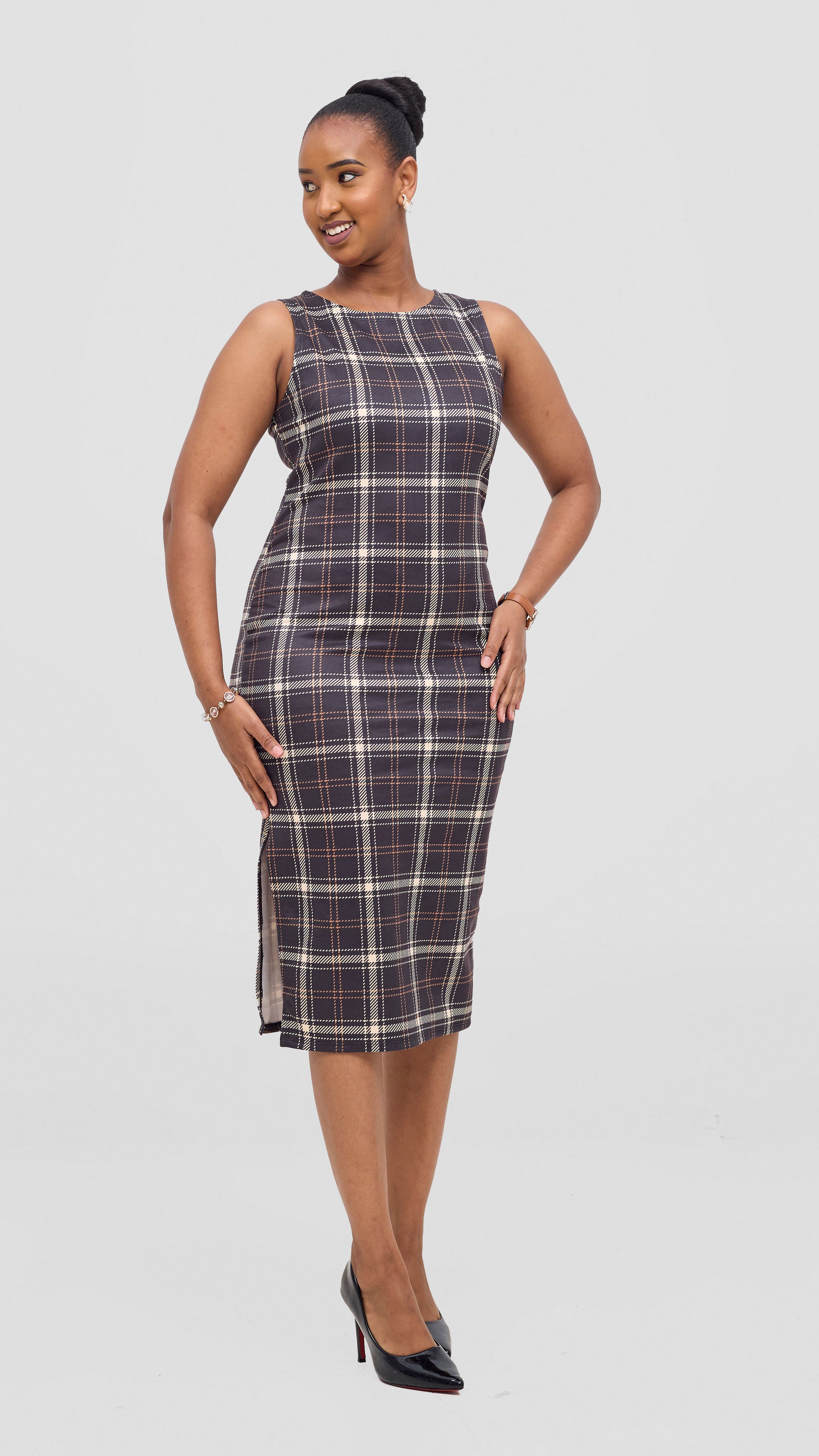 Vivo Alani Plaid Midi Dress - Black / Tan Plaid