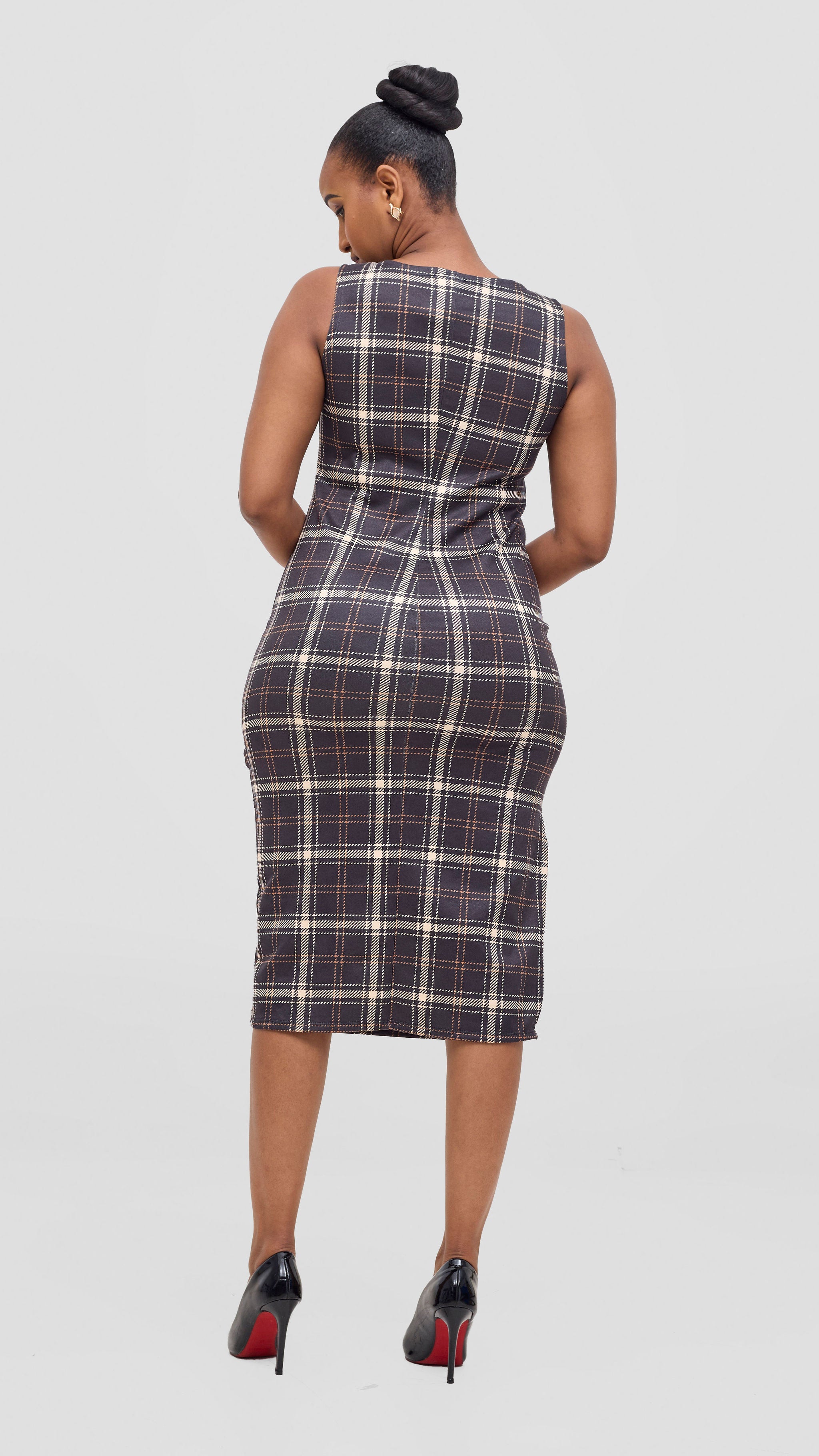 Vivo Alani Plaid Midi Dress - Black / Tan Plaid