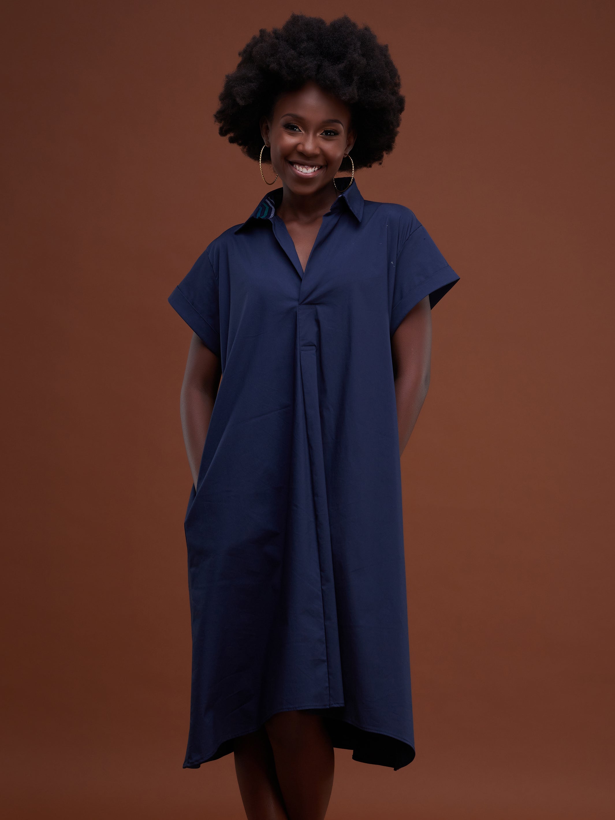 Safari Huru Short Sleeved Knee Length Dress - Navy Blue