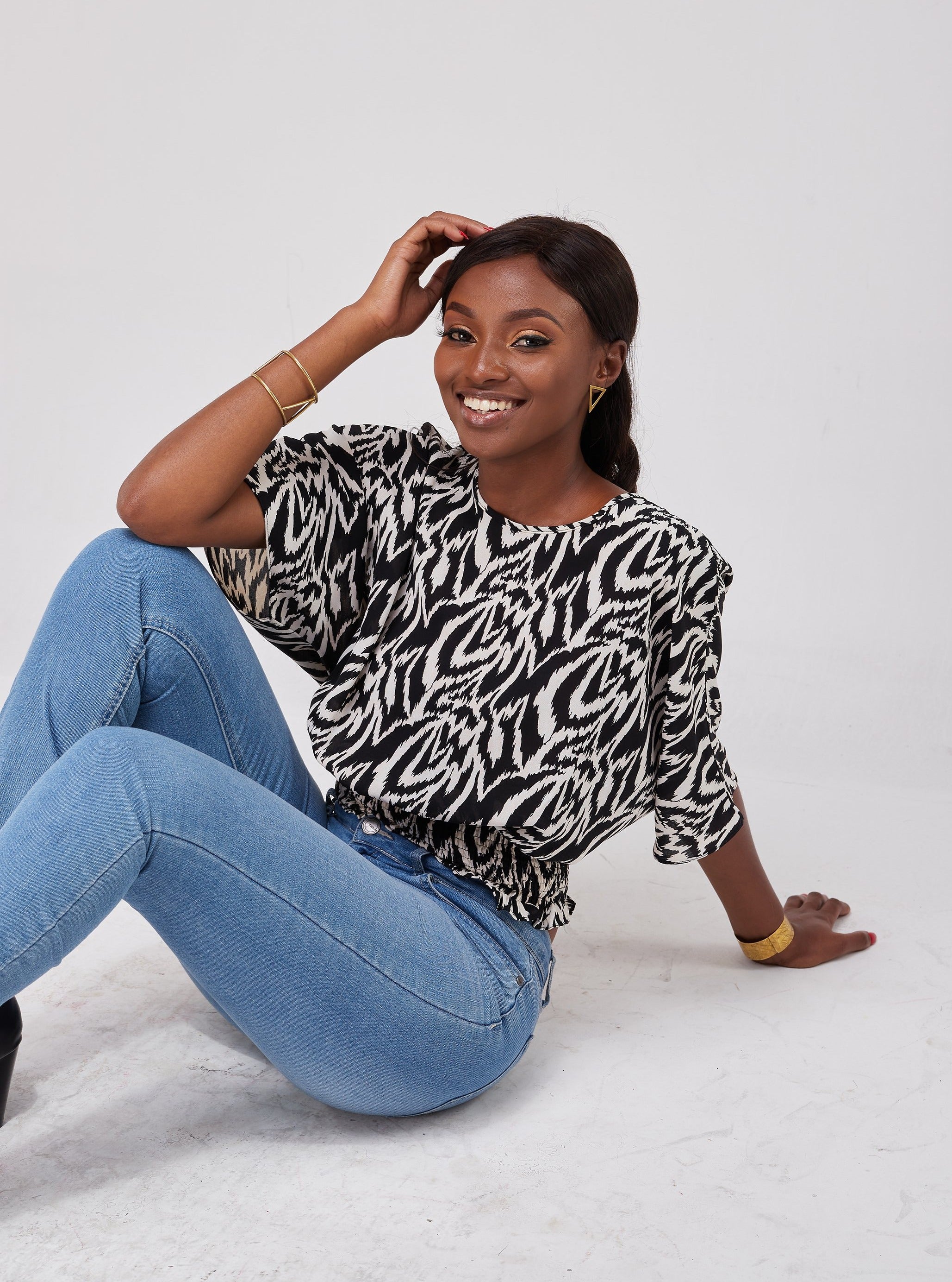 Safari Naima Shirred Waist Chiffon Top - Black / Buttermilk Print