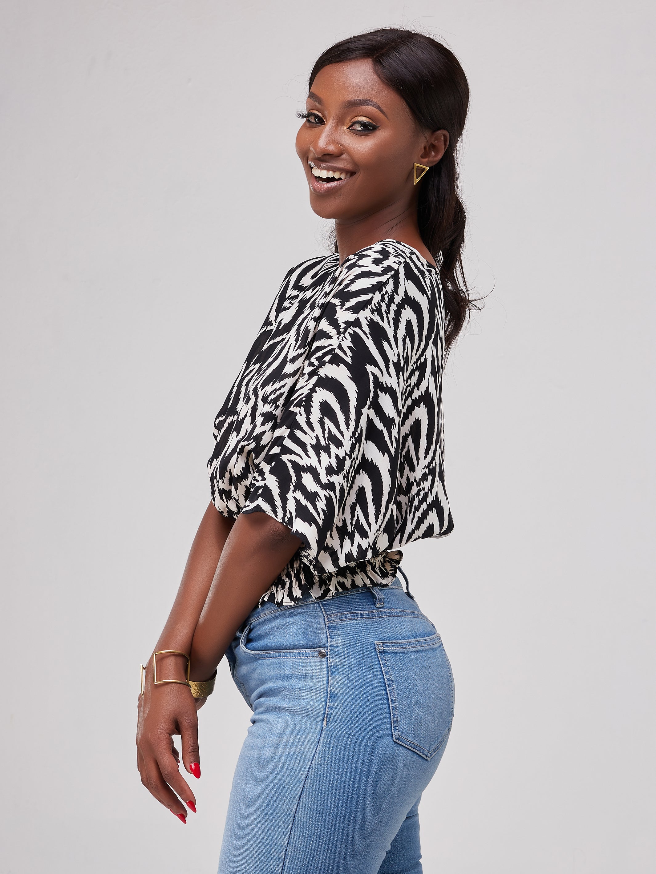 Safari Naima Shirred Waist Chiffon Top - Black / Buttermilk Print