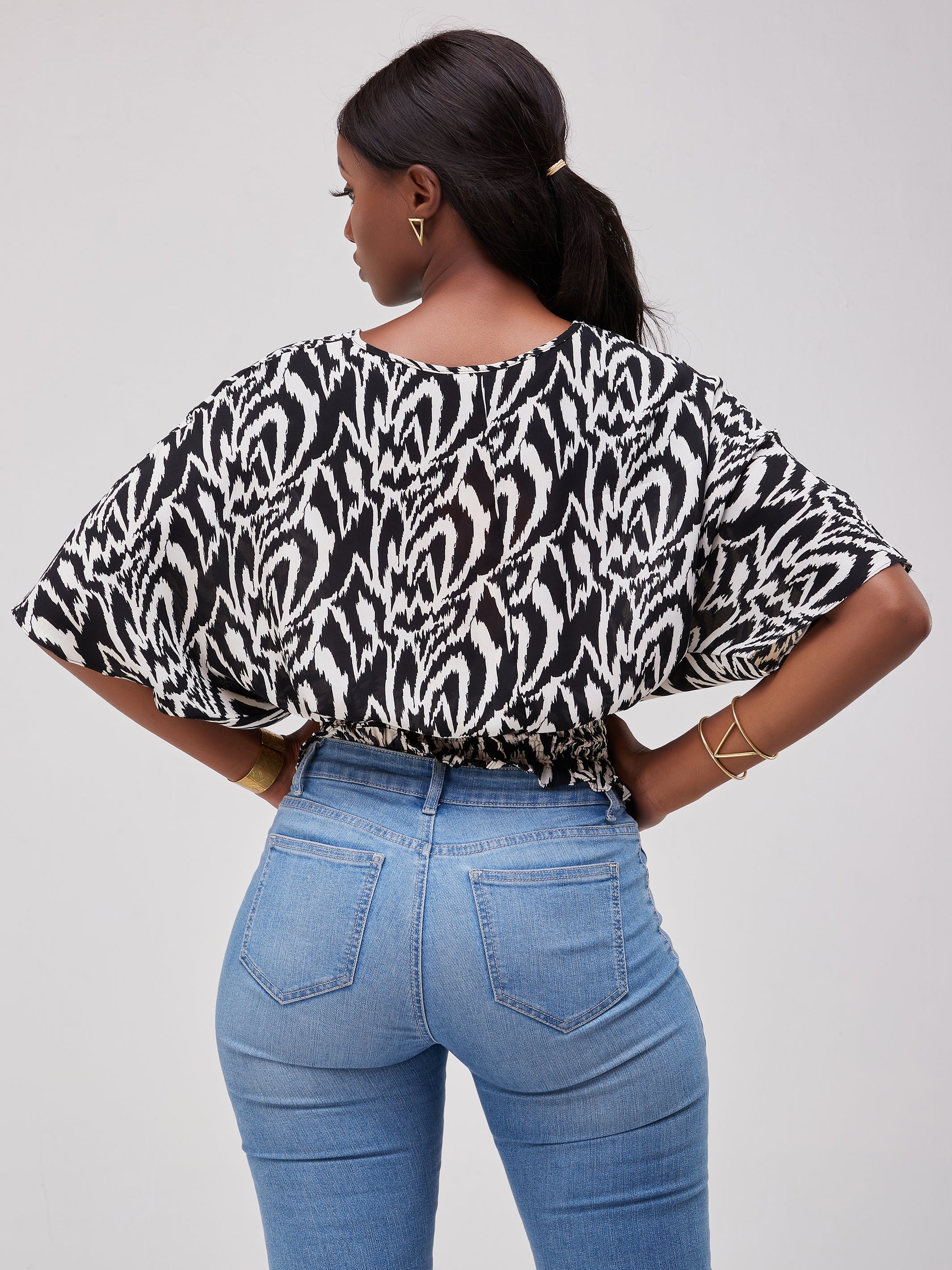 Safari Naima Shirred Waist Chiffon Top - Black / Buttermilk Print