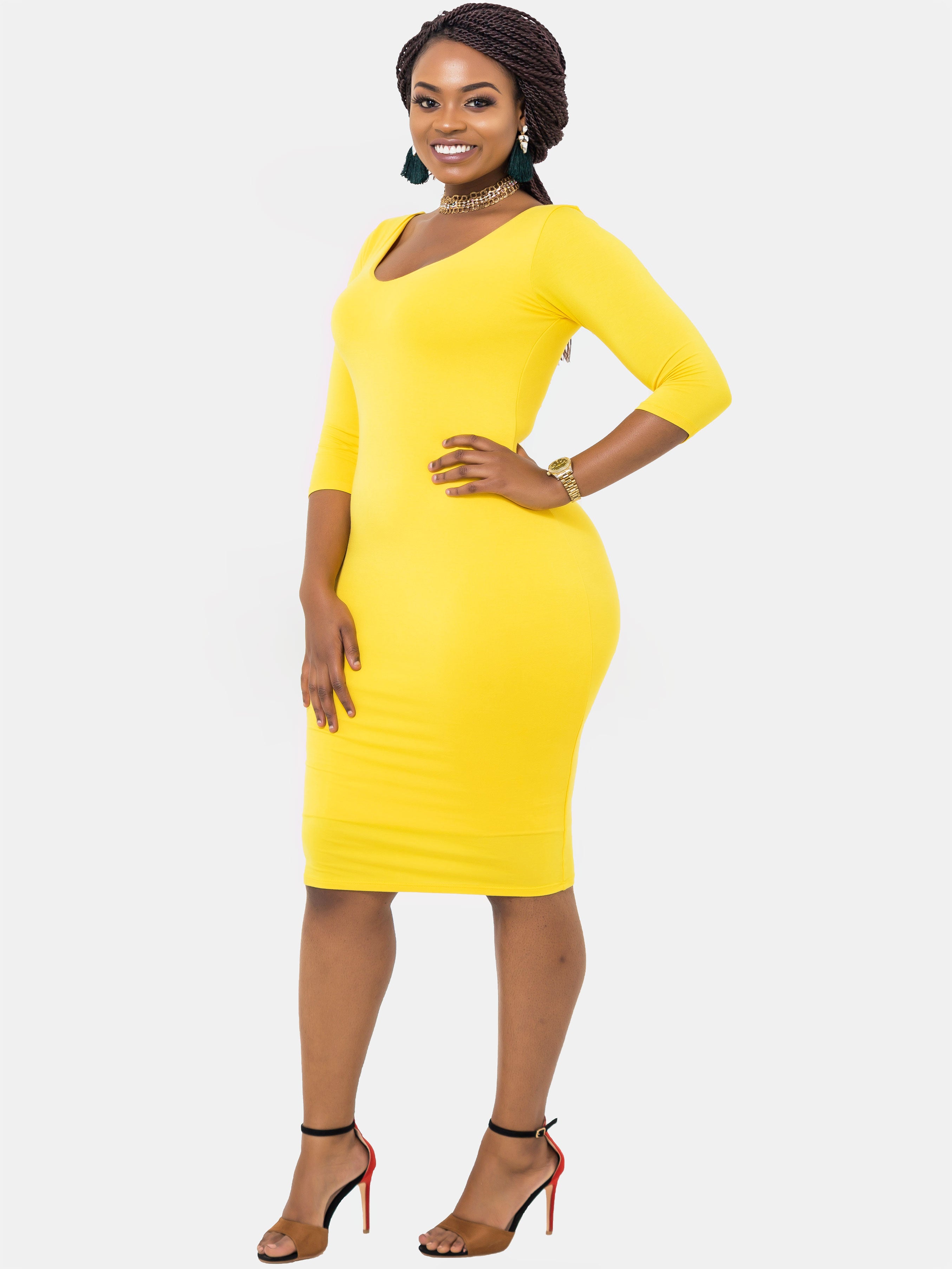 Vivo Basic 3/4 Sleeve Double Layered Bodycon Dress - Yellow