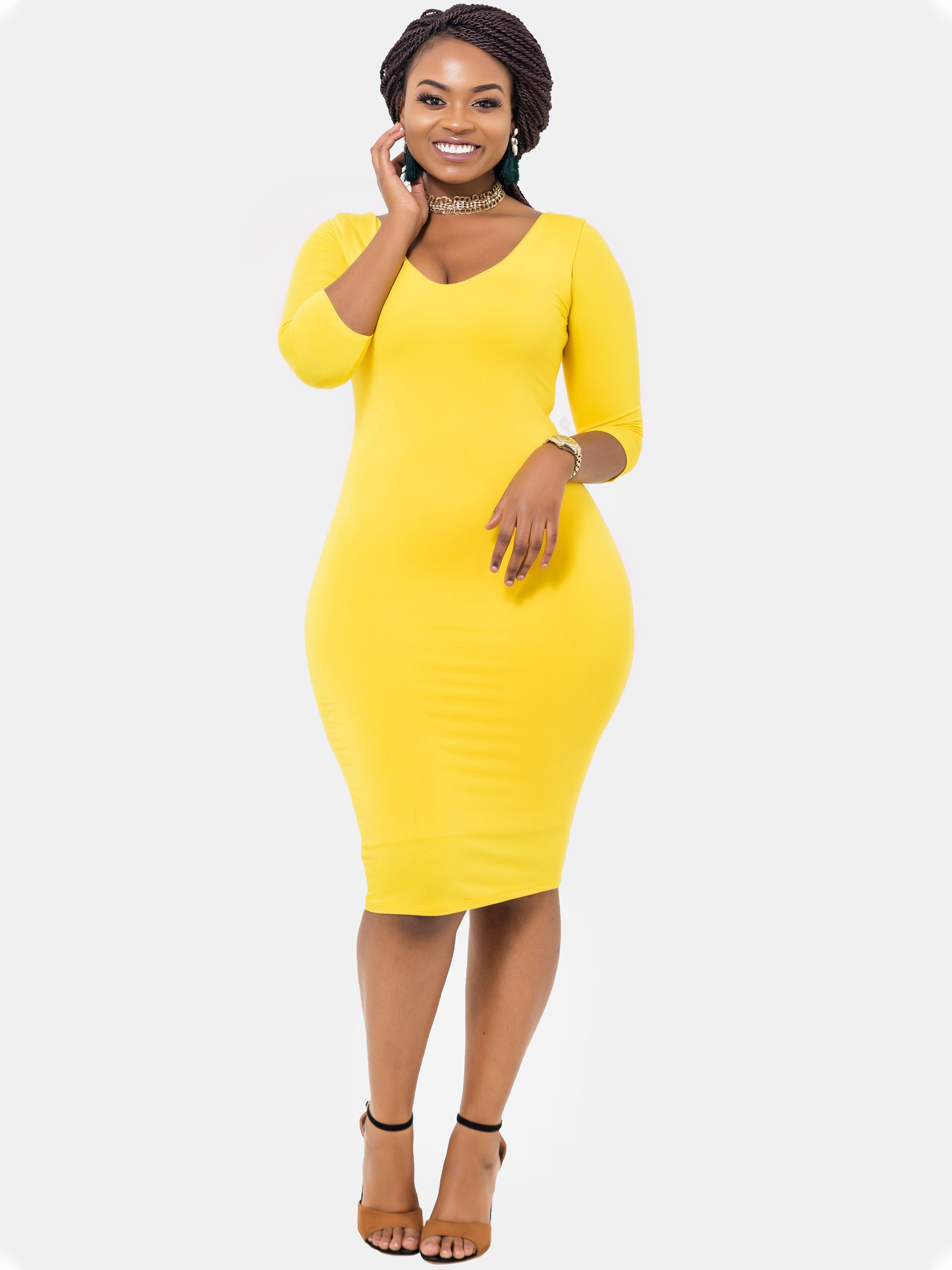 Vivo Basic 3/4 Sleeve Double Layered Bodycon Dress - Yellow