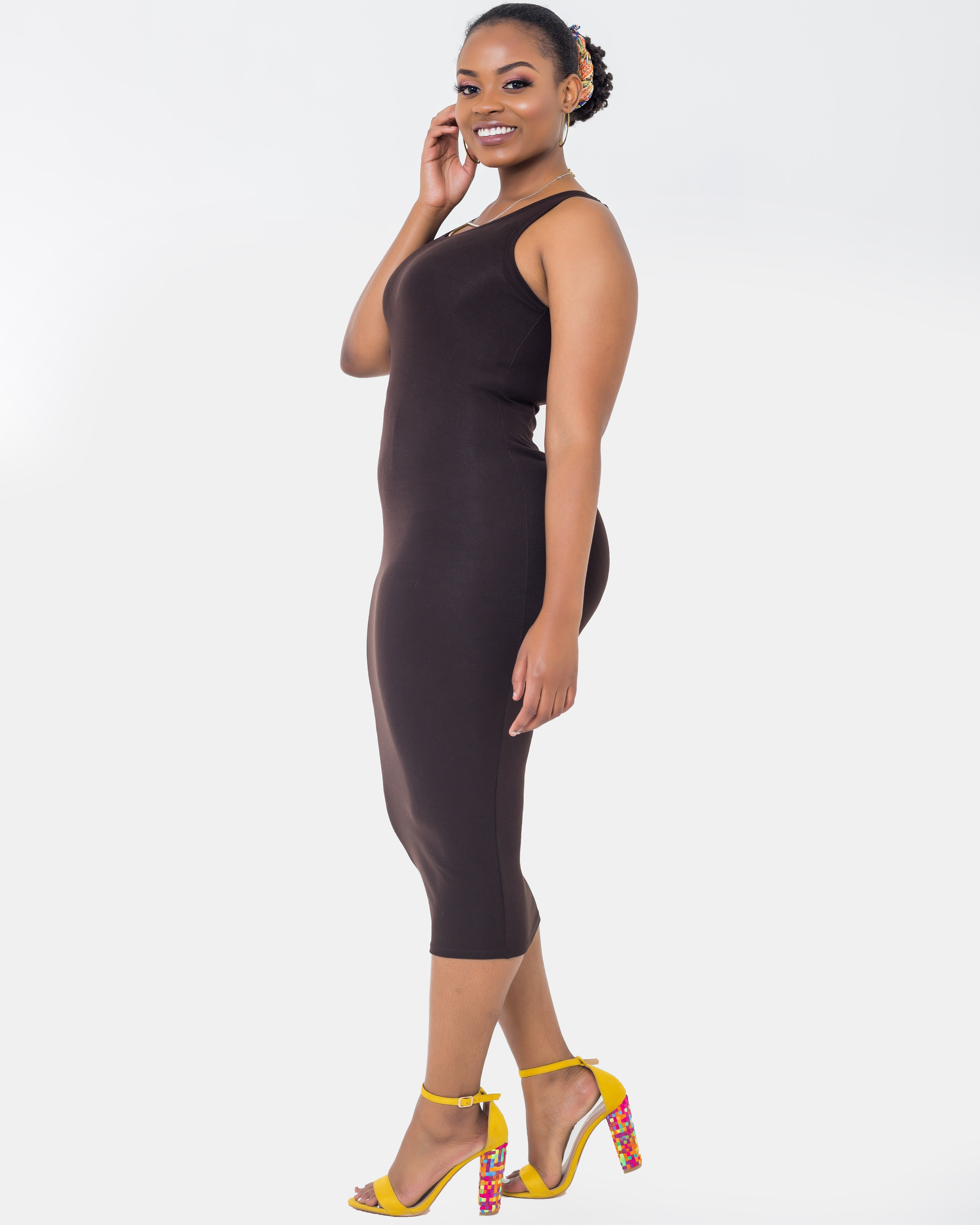 Vivo Basic Sleeveless Bodycon Dress - Brown