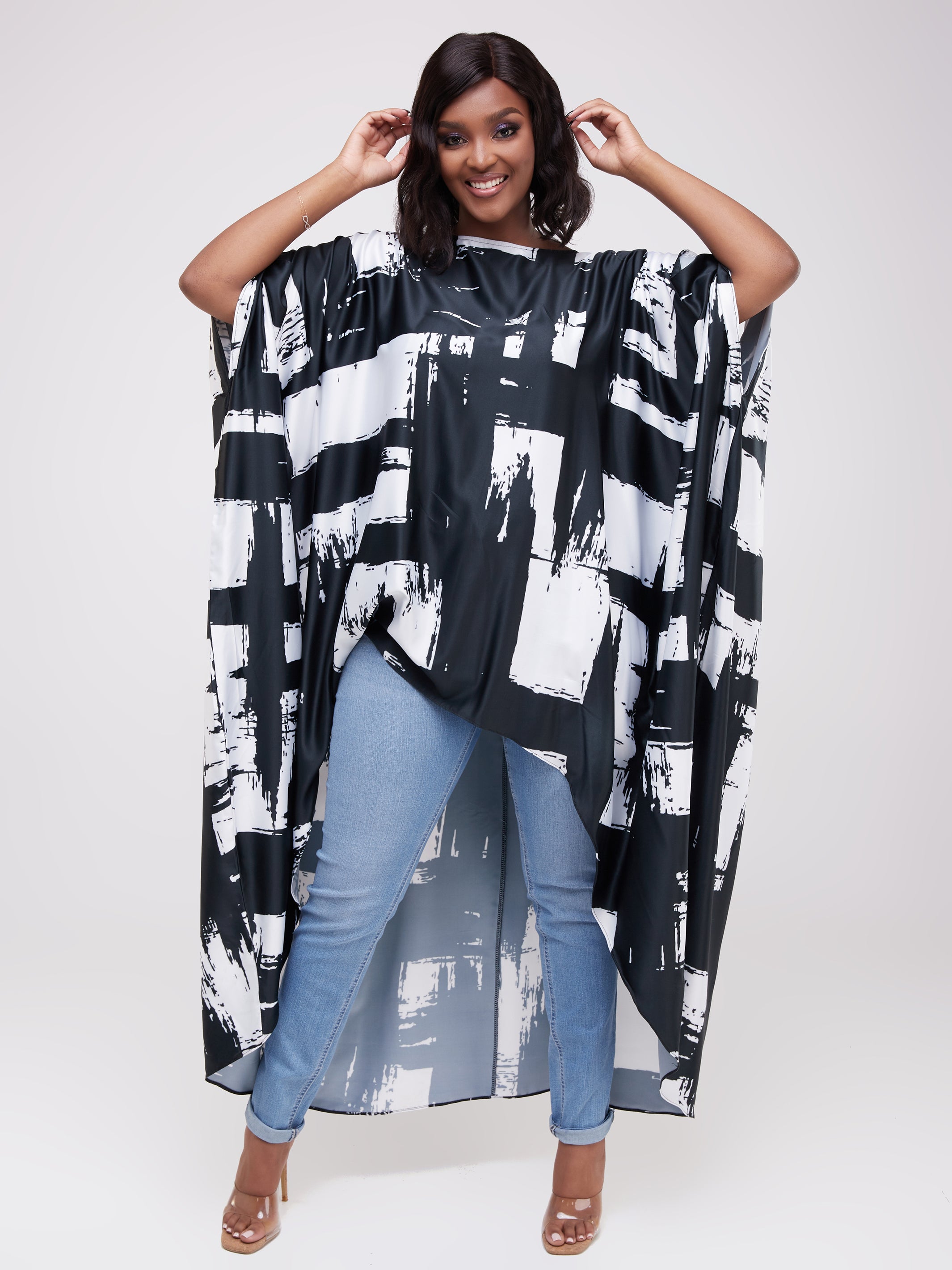 Vivo Lani Wide Satin High Low Dress - White / Black Print