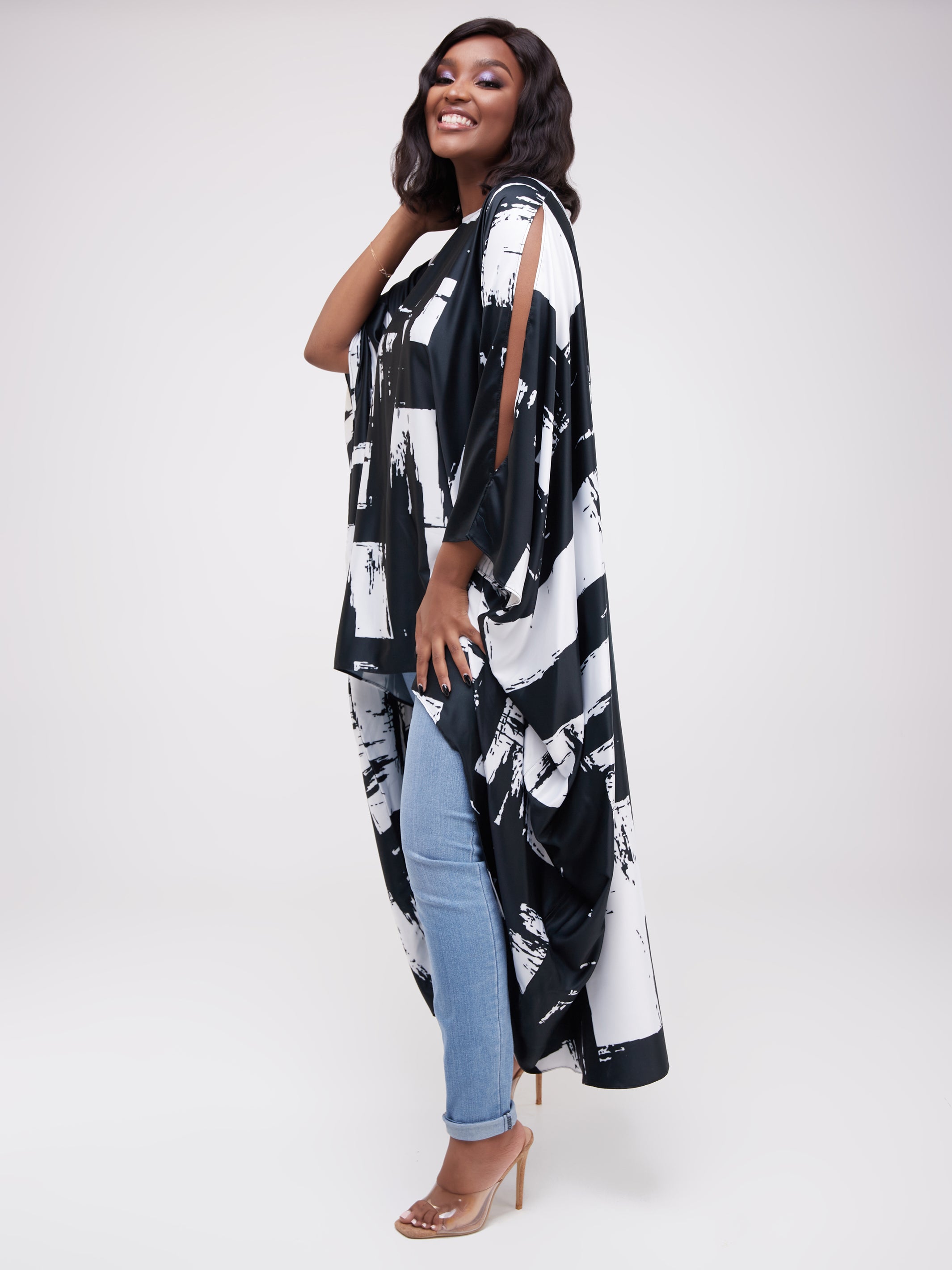 Vivo Lani Wide Satin High Low Dress - White / Black Print