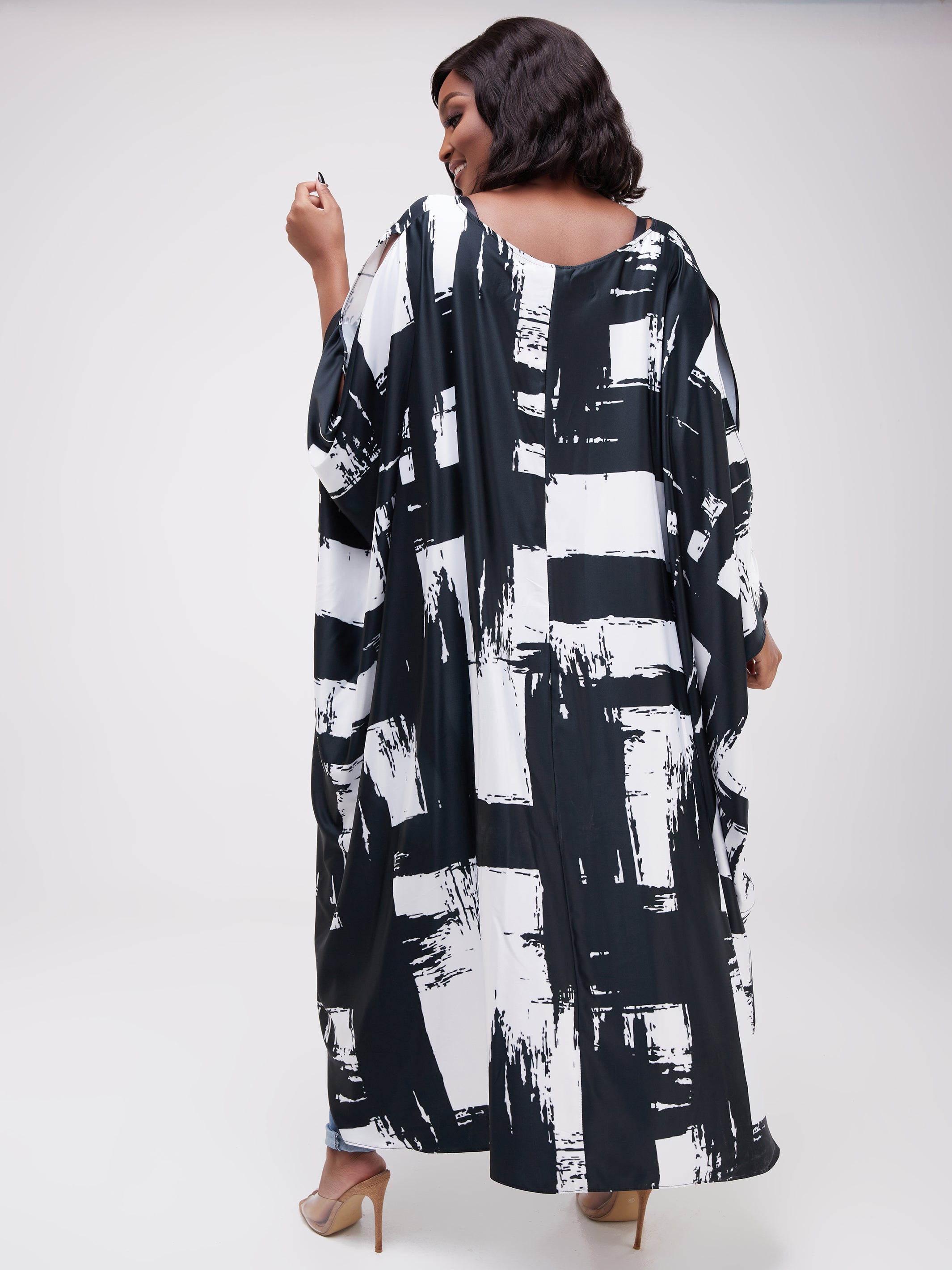 Vivo Lani Wide Satin High Low Dress - White / Black Print