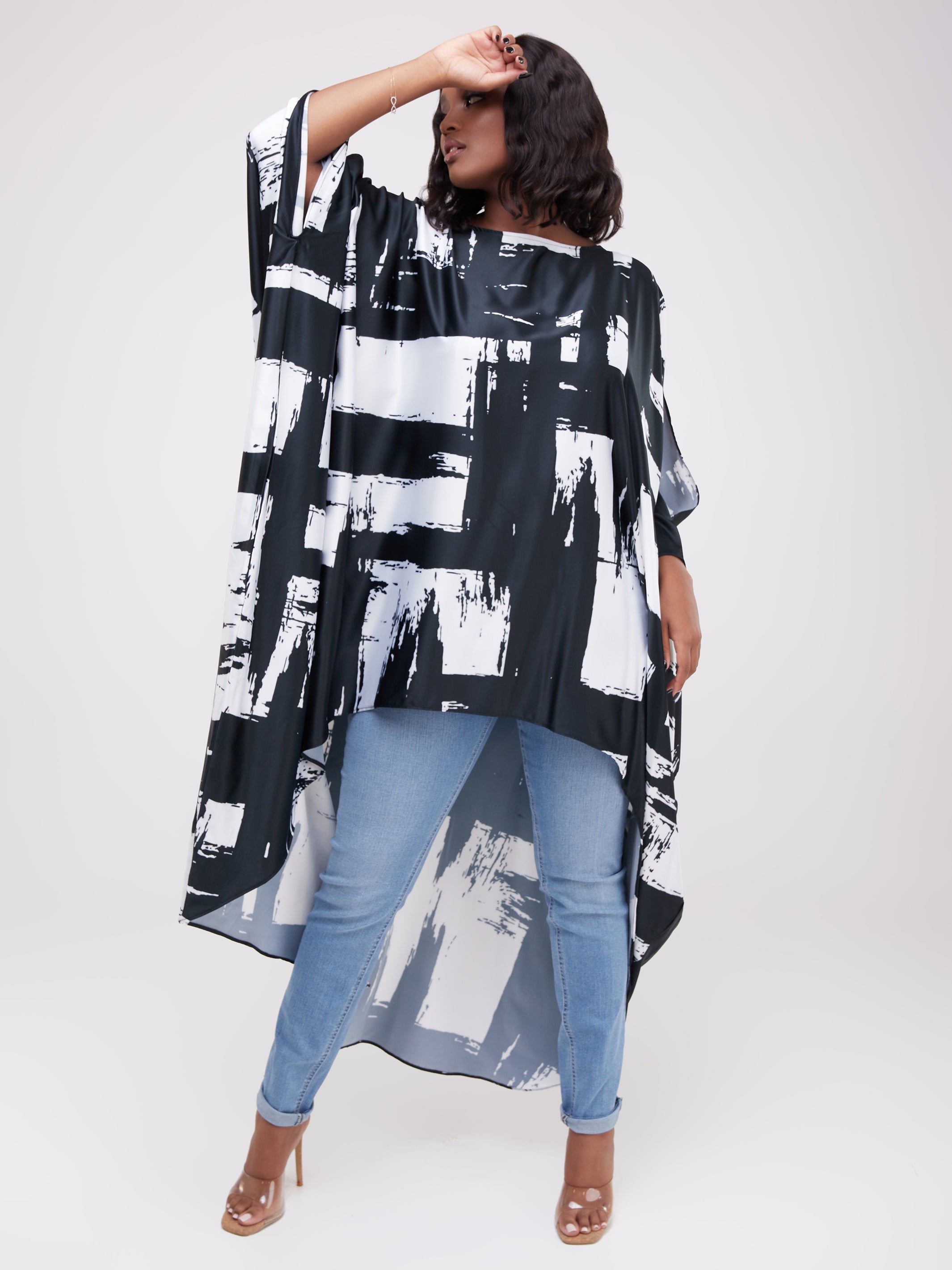 Vivo Lani Wide Satin High Low Dress - White / Black Print