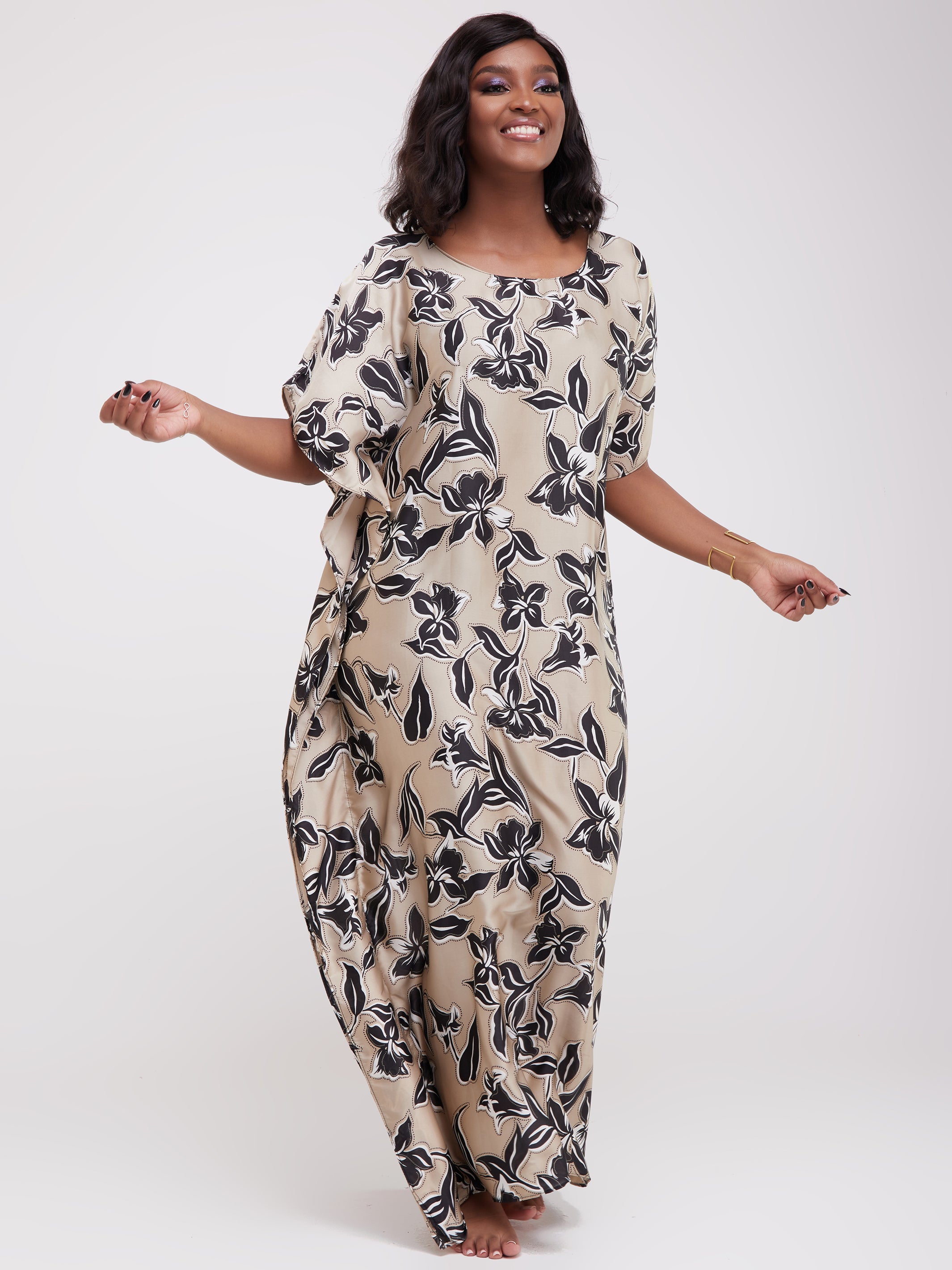 Vivo Satin Maxi Dira Dress - Brown Floral Print