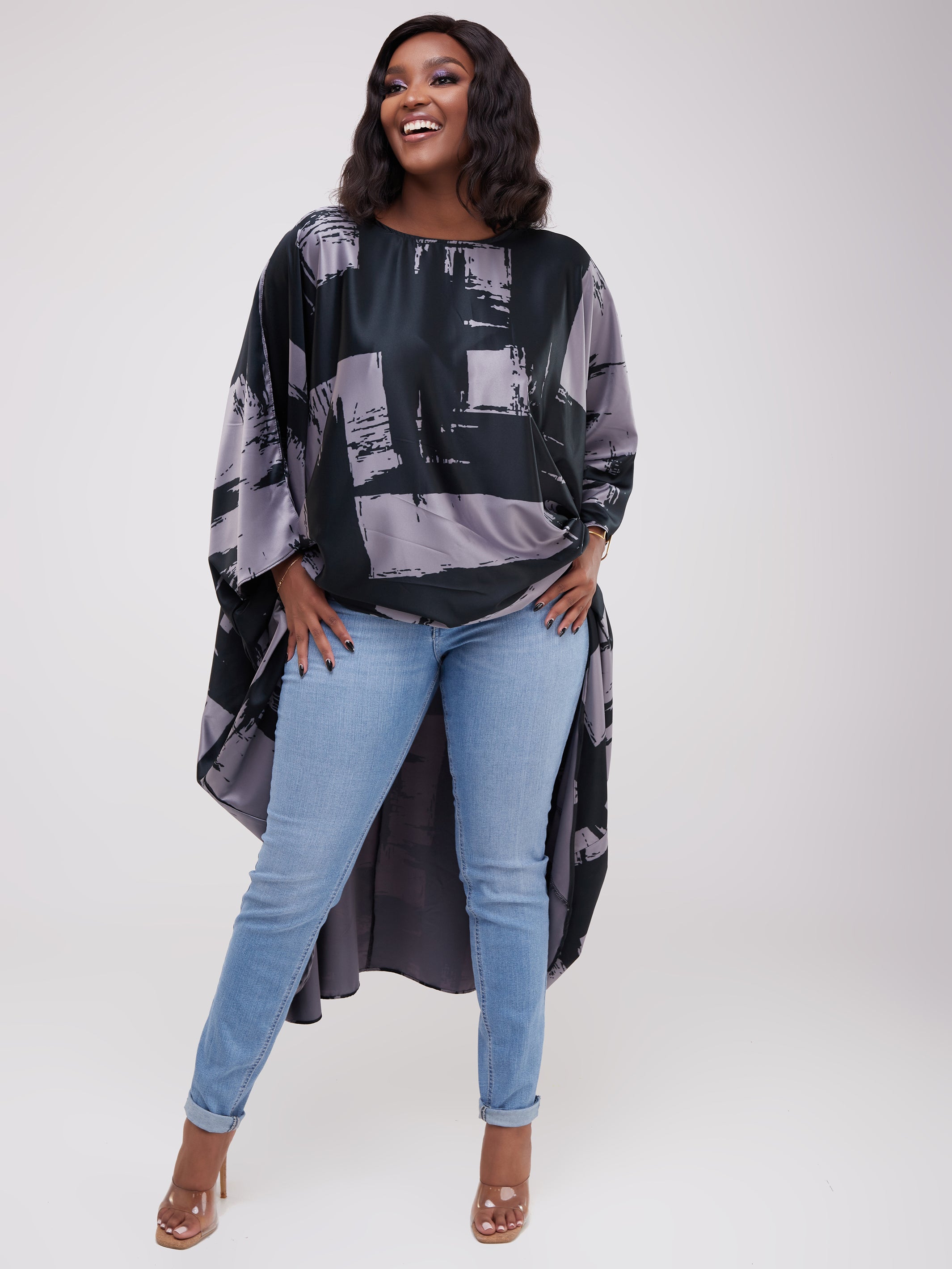 Vivo Lani Wide Satin High Low Dress - Grey Print