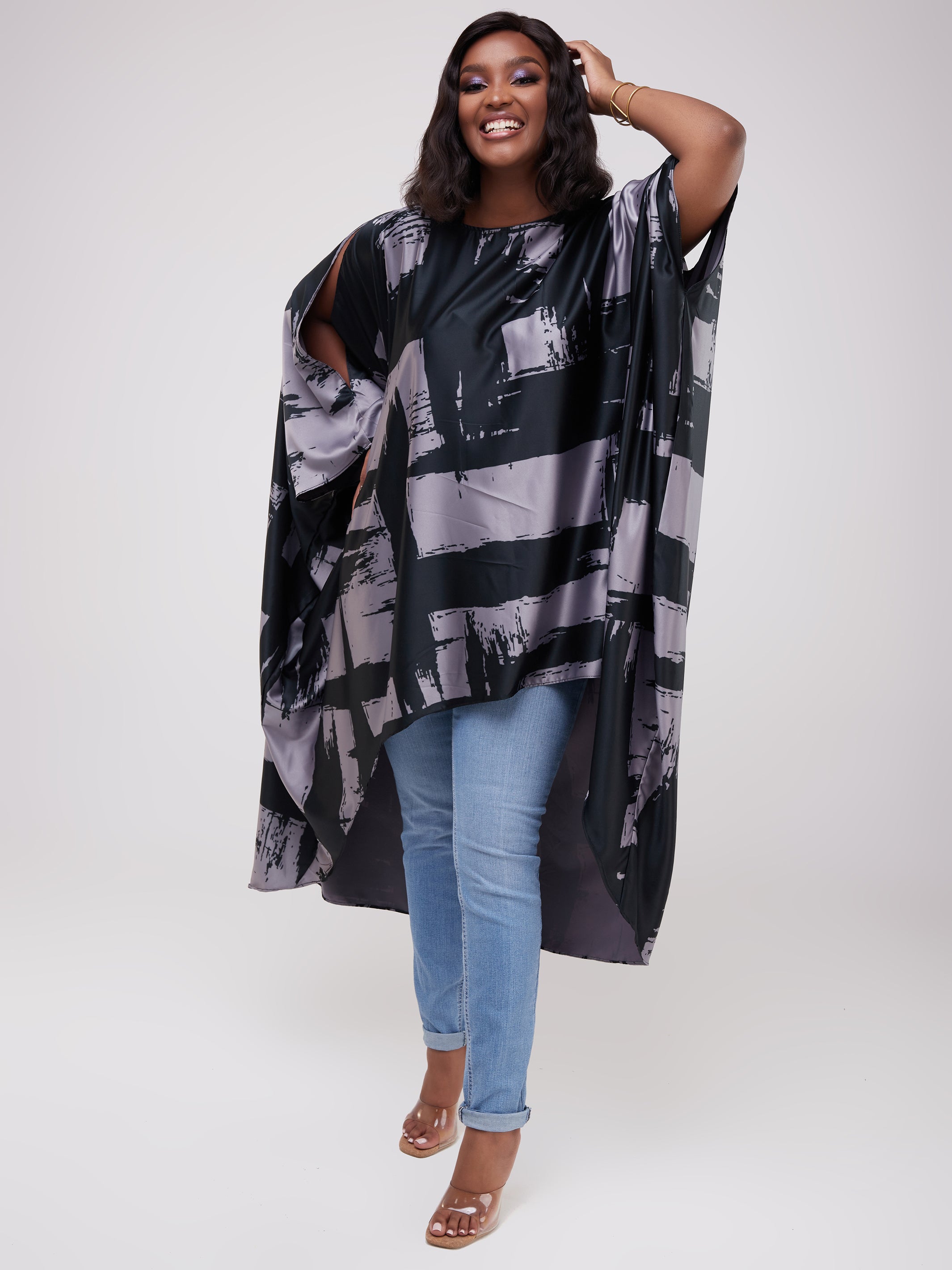Vivo Lani Wide Satin High Low Dress - Grey Print