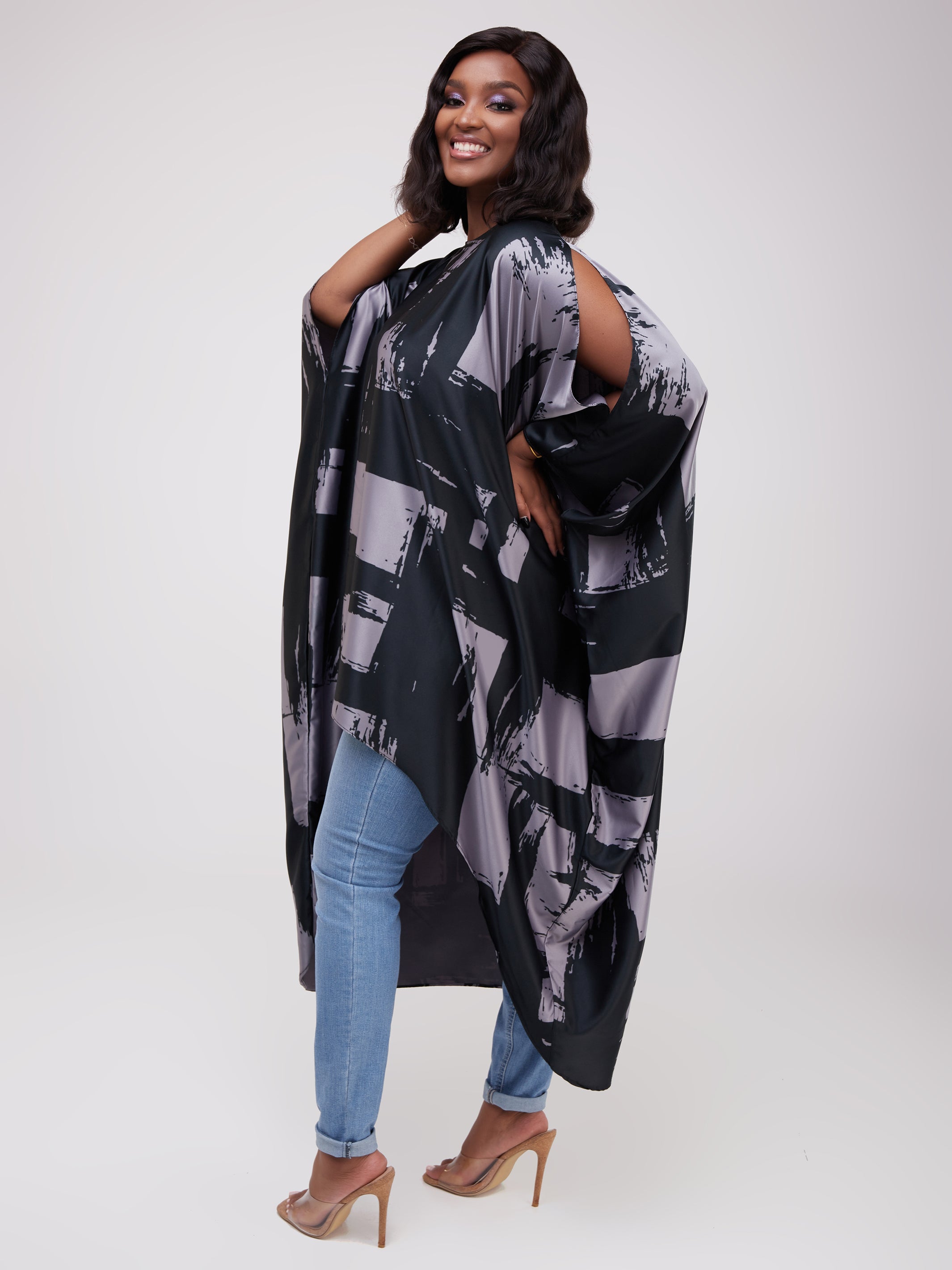 Vivo Lani Wide Satin High Low Dress - Grey Print