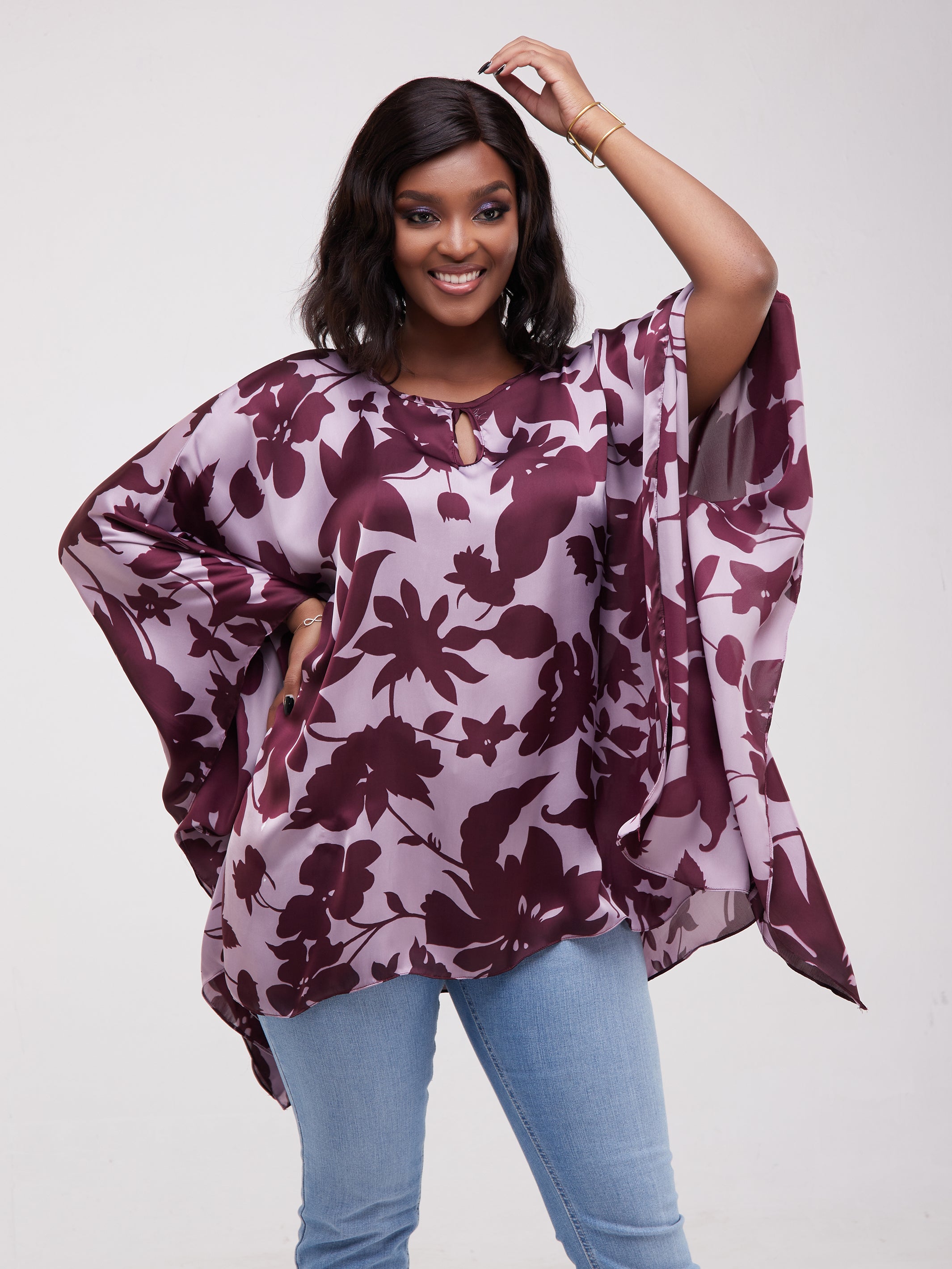 Vivo Sierra Tunic Kaftan Top - Purple Floral Leaf Print