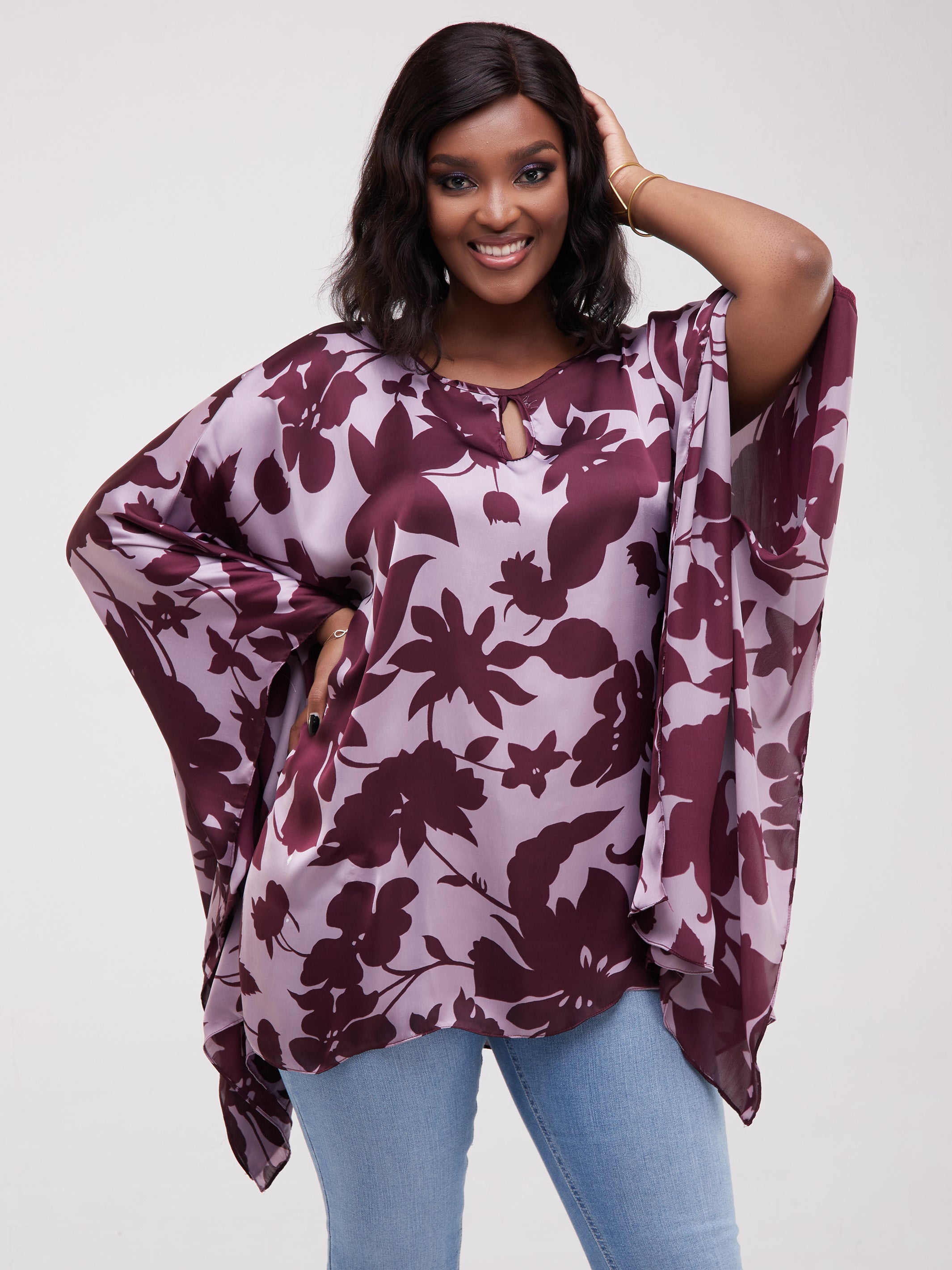 Vivo Sierra Tunic Kaftan Top - Purple Floral Leaf Print