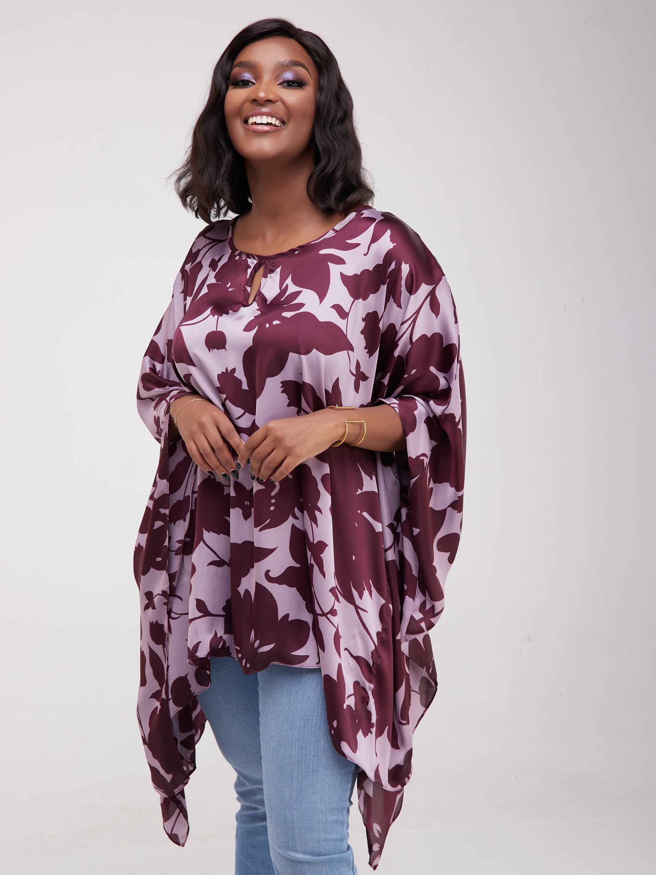 Vivo Sierra Tunic Kaftan Top - Purple Floral Leaf Print