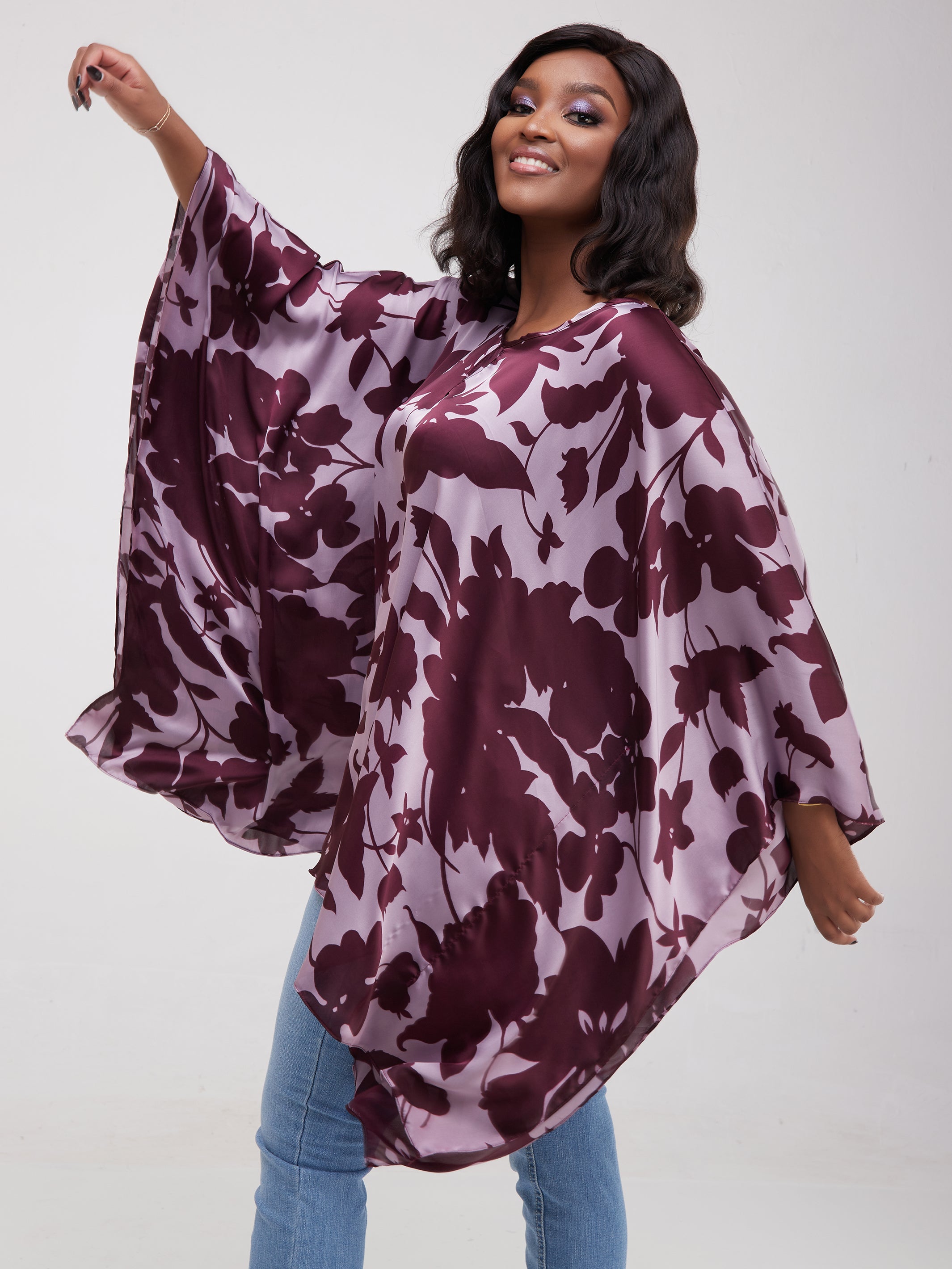 Vivo Sierra Tunic Kaftan Top - Purple Floral Leaf Print