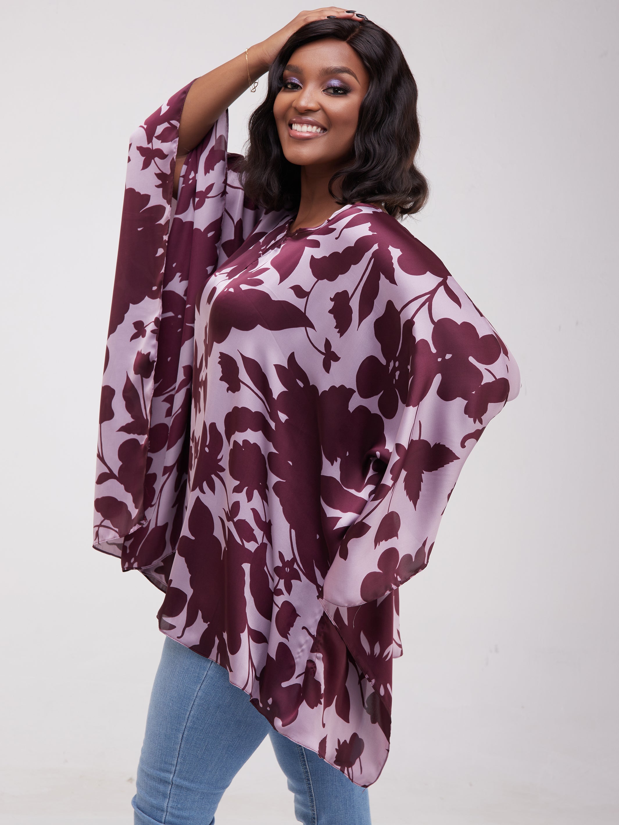 Vivo Sierra Tunic Kaftan Top - Purple Floral Leaf Print
