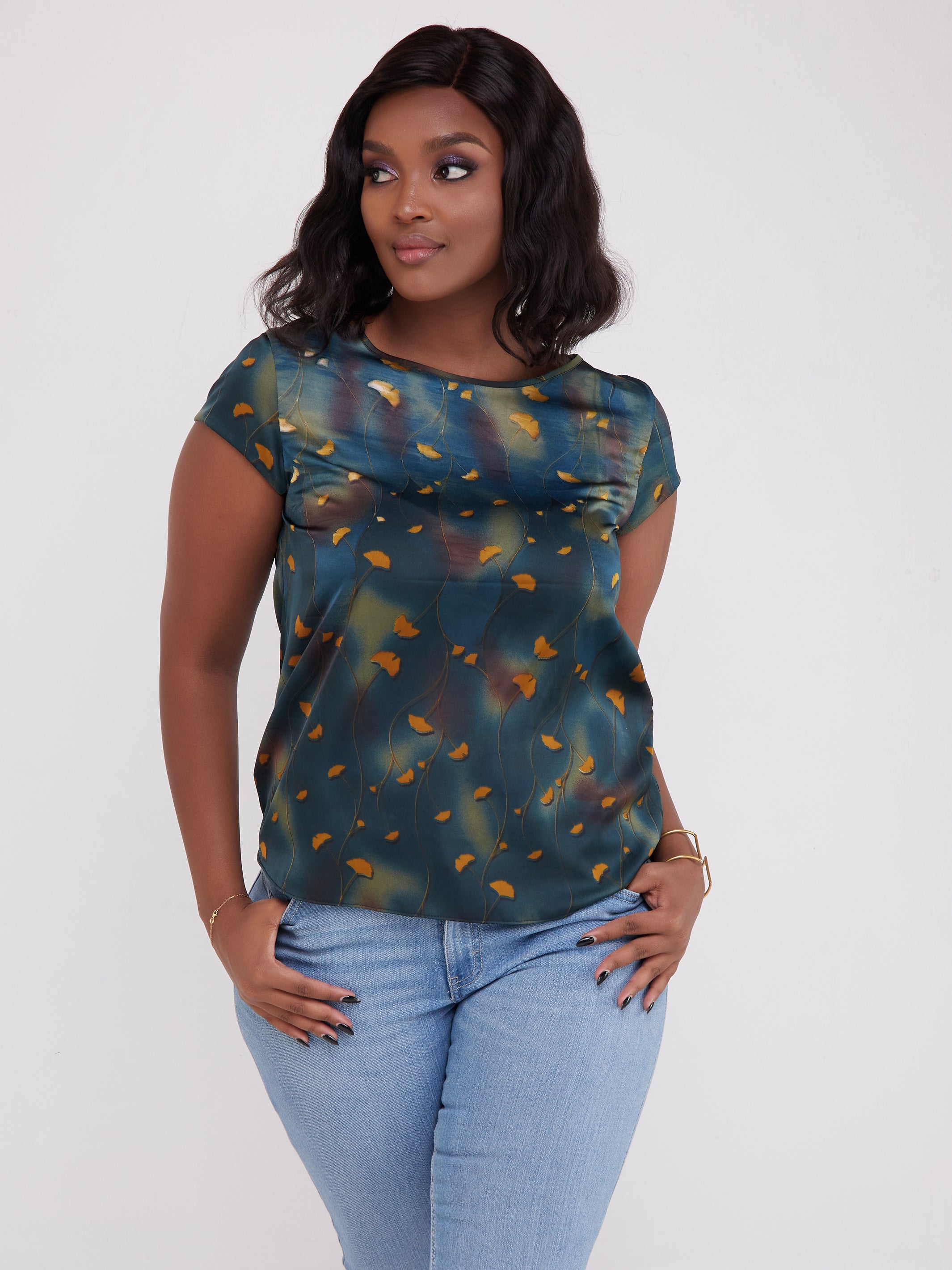 Safari Basic Satin Cap Sleeved Top - Teal / Green Print