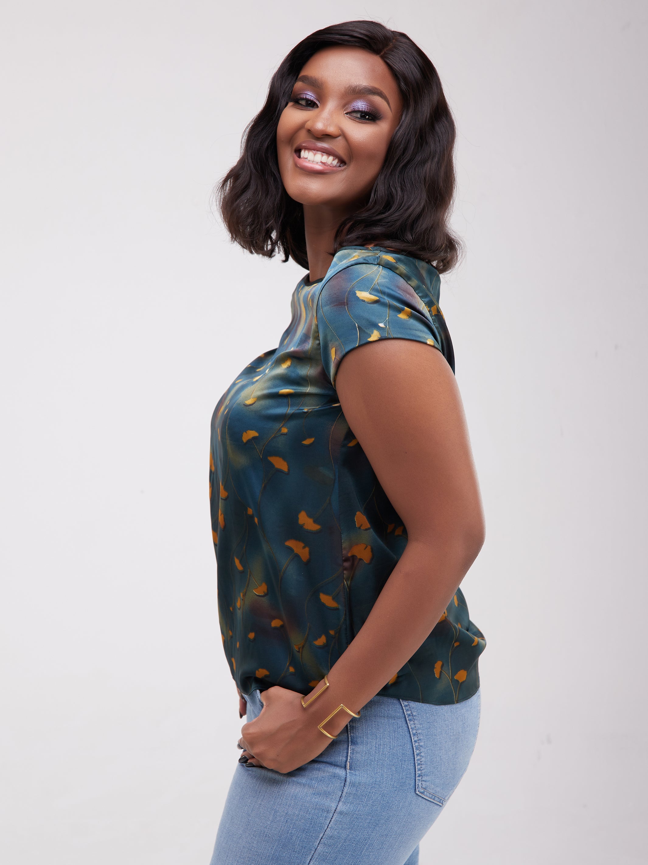 Safari Basic Satin Cap Sleeved Top - Teal / Green Print