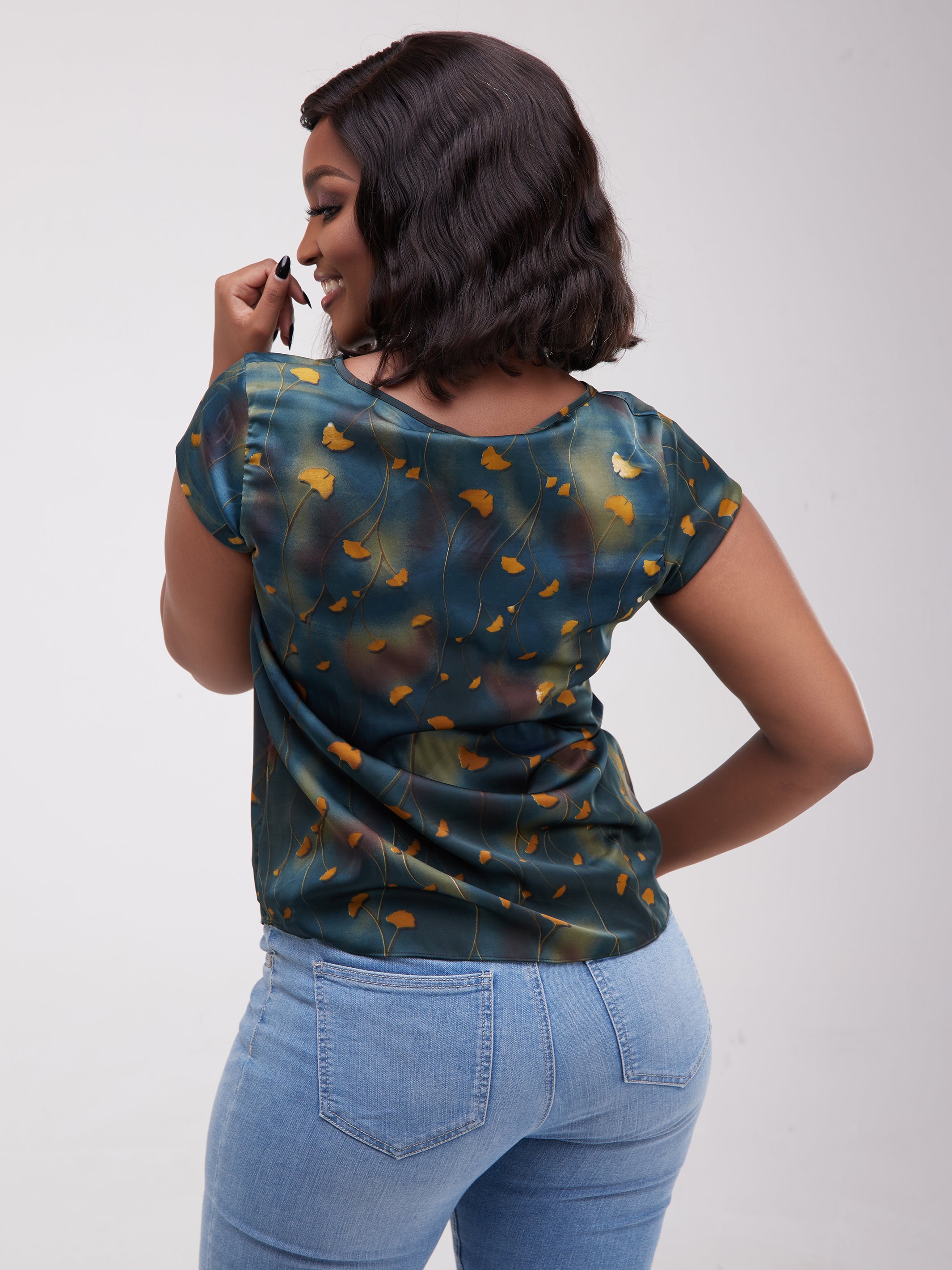 Safari Basic Satin Cap Sleeved Top - Teal / Green Print