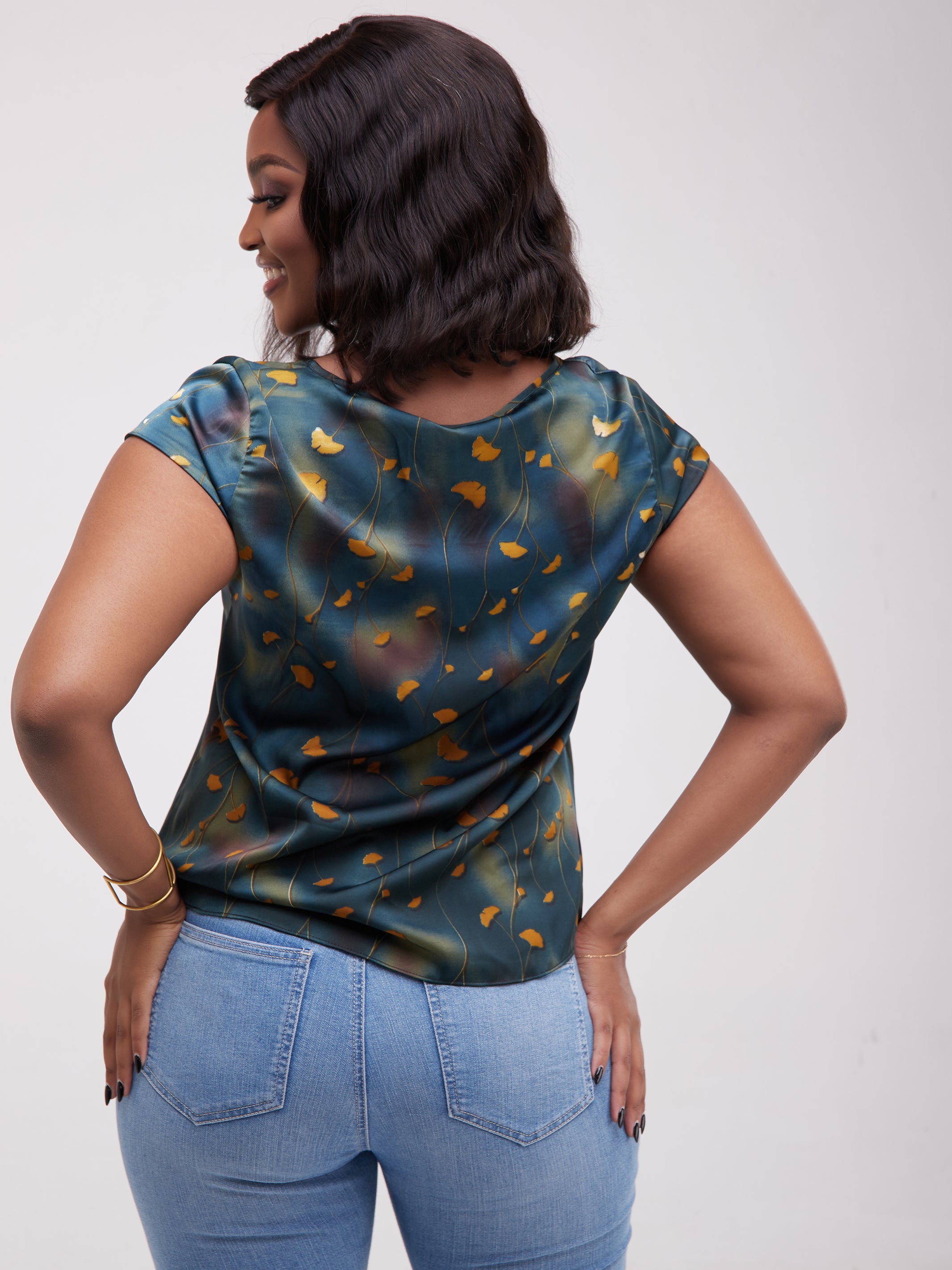 Safari Basic Satin Cap Sleeved Top - Teal / Green Print