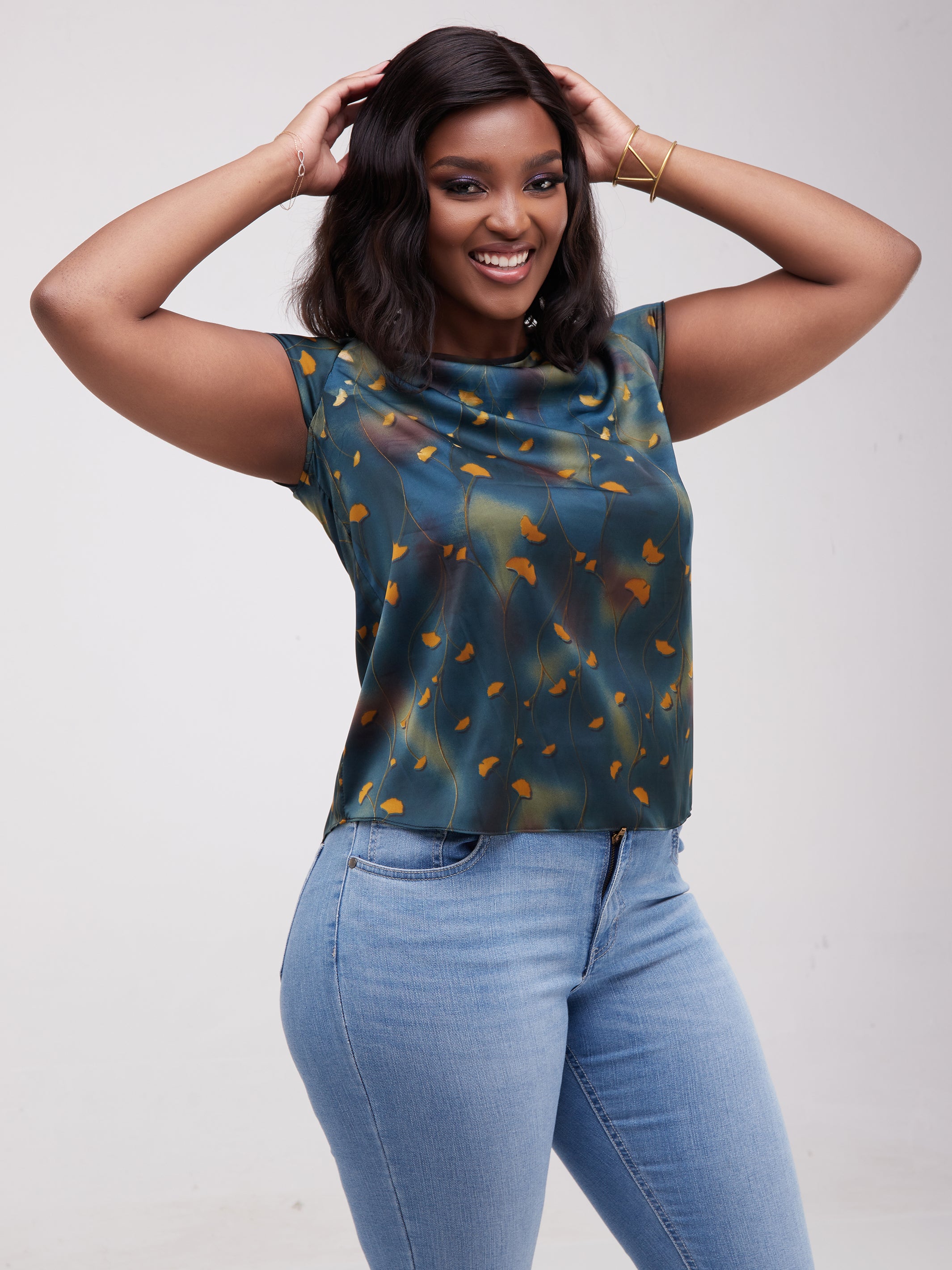 Safari Basic Satin Cap Sleeved Top - Teal / Green Print