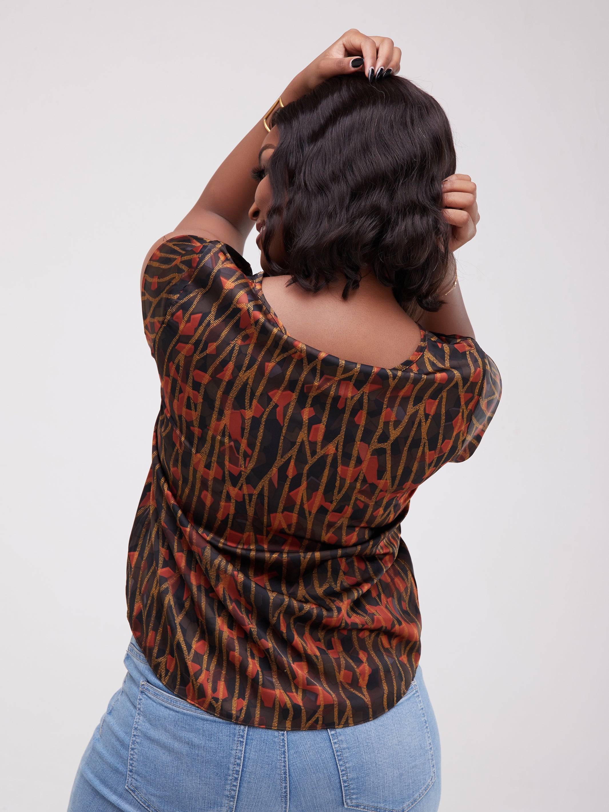 Safari Basic Satin Cap Sleeved Top - Maroon / Black Print