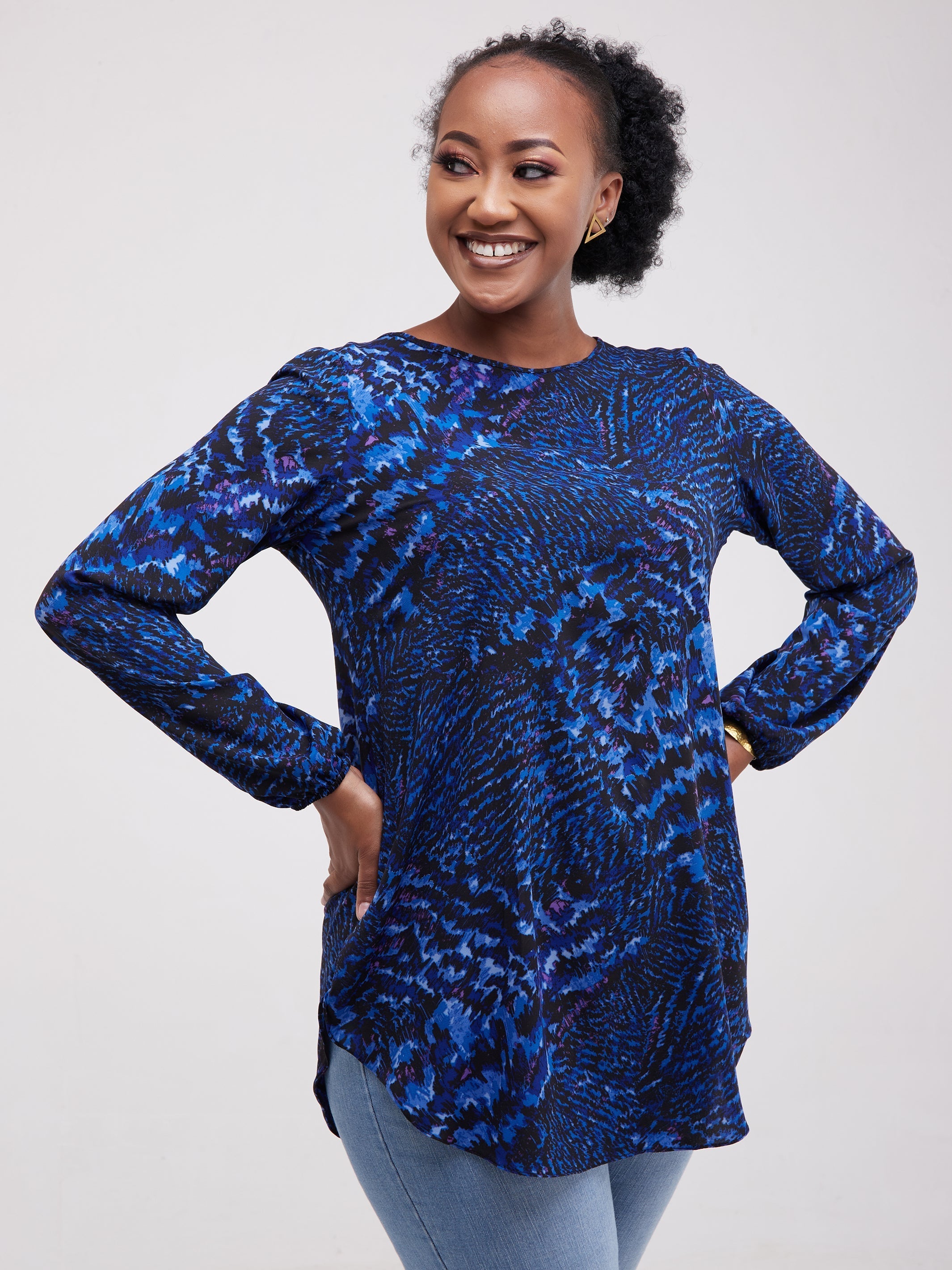 Vivo Tsavo Scalloped Hem Dress Top - Navy Blue Print