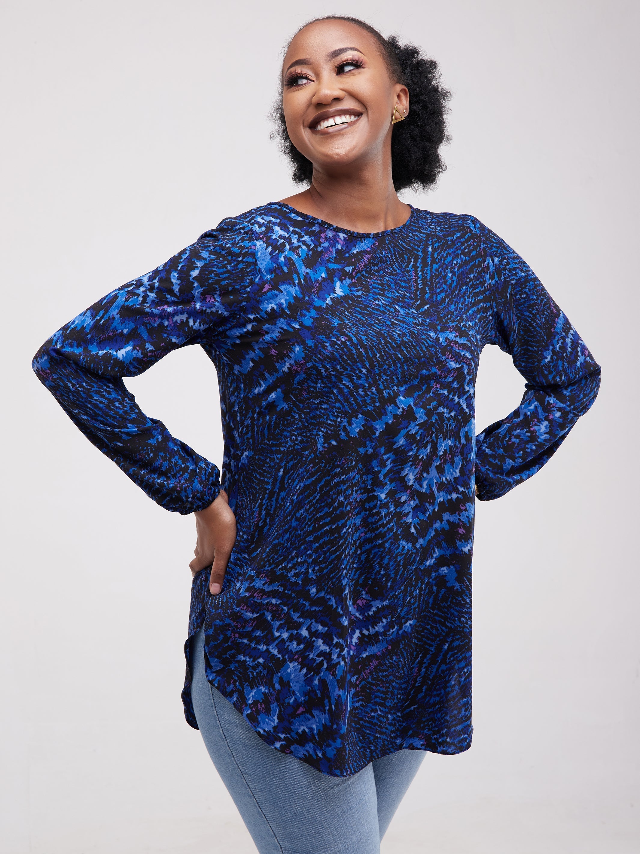 Vivo Tsavo Scalloped Hem Dress Top - Navy Blue Print