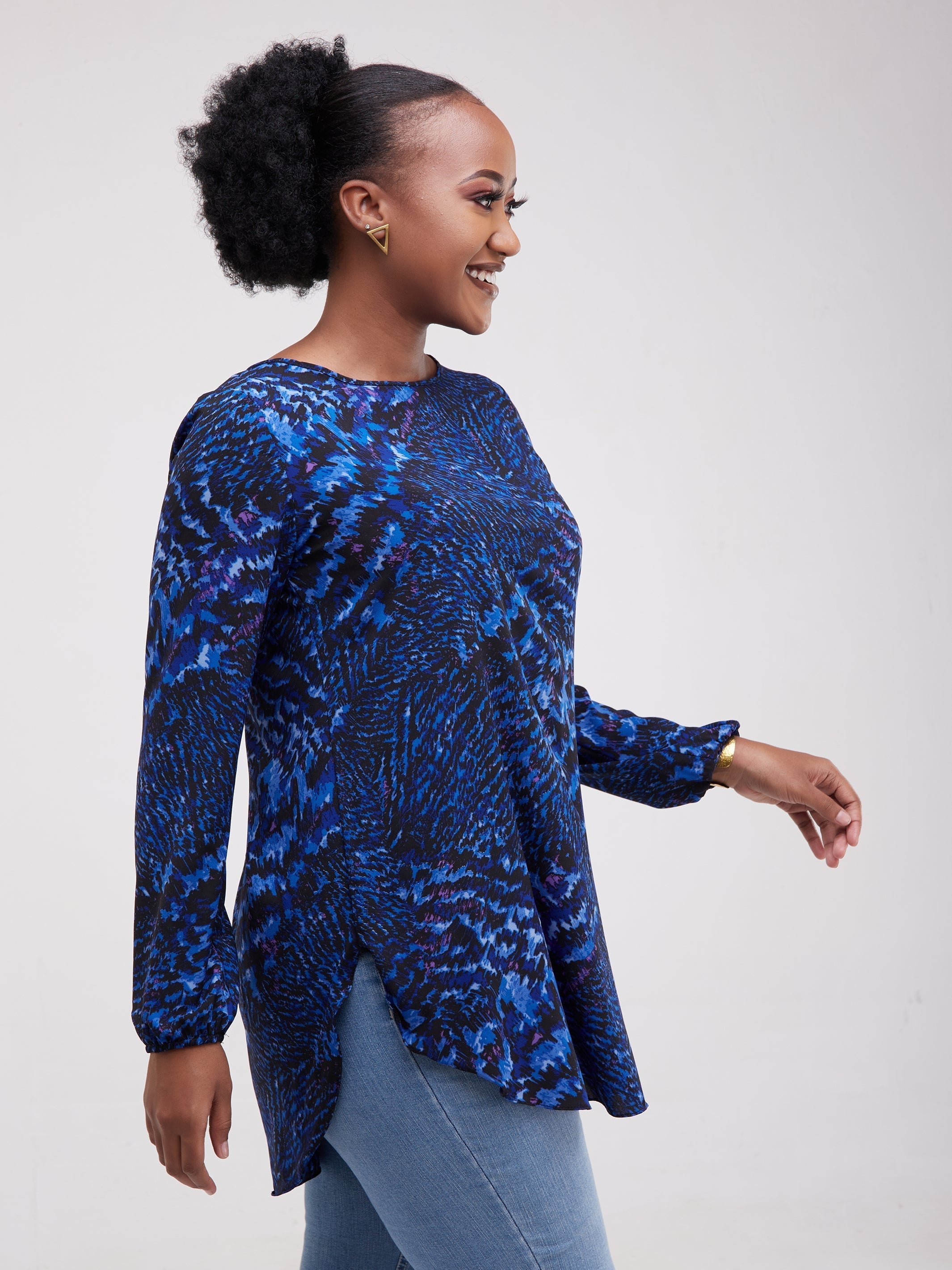 Vivo Tsavo Scalloped Hem Dress Top - Navy Blue Print