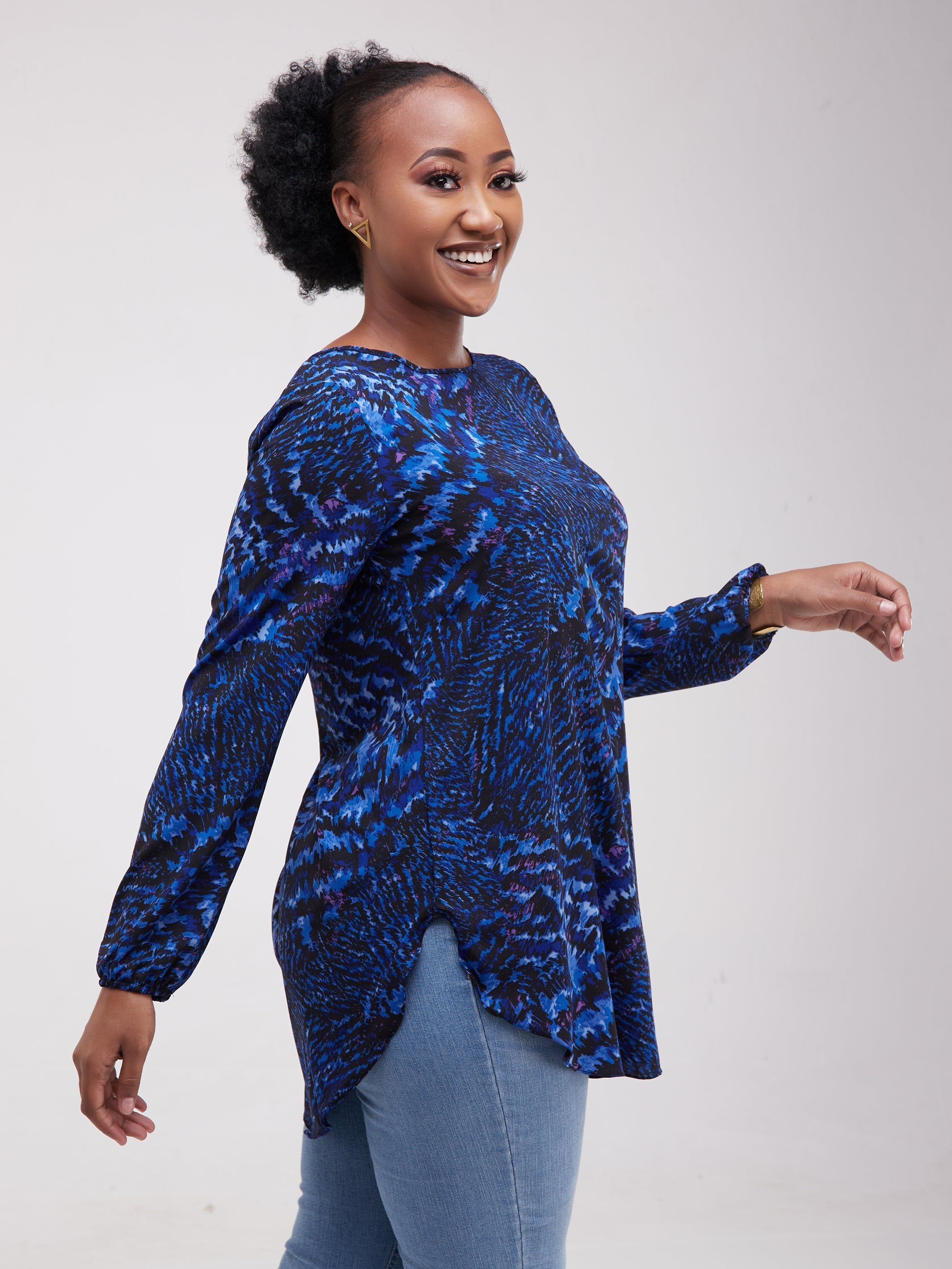 Vivo Tsavo Scalloped Hem Dress Top - Navy Blue Print