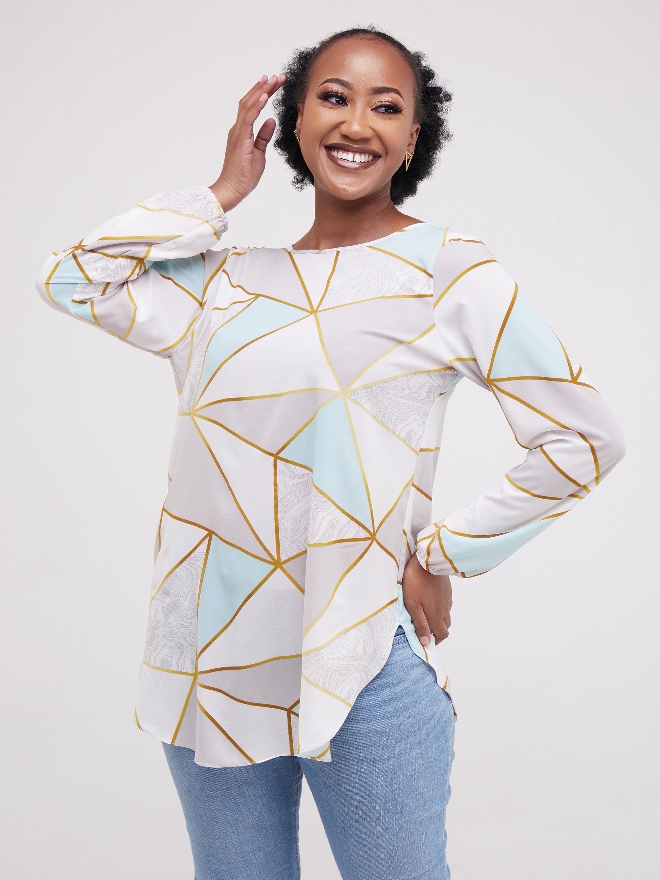Vivo Tsavo Scalloped Hem Dress Top - Grey / White Print