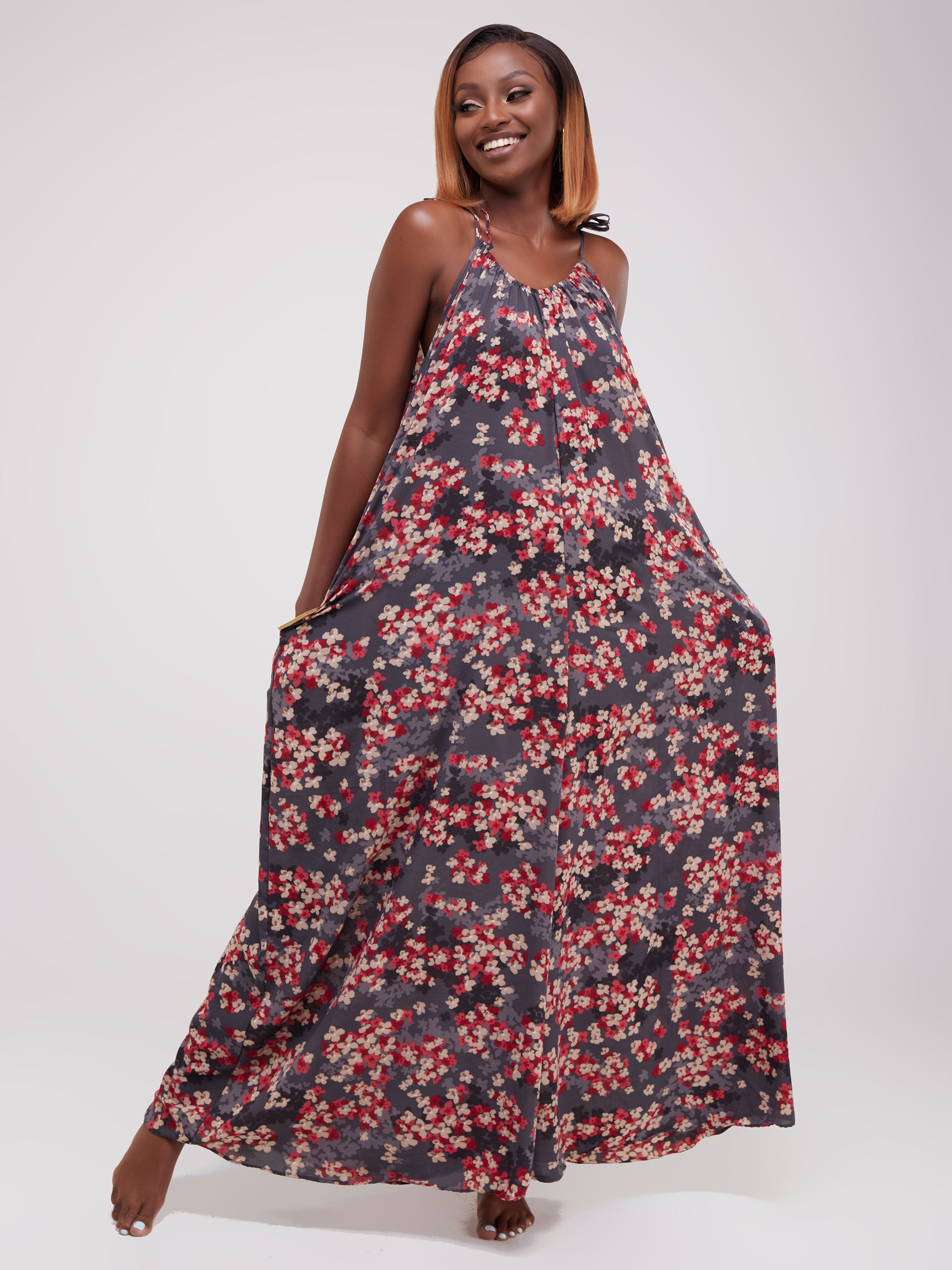 Safari Maisha Strappy Jumpsuit Cover-Up - Grey / Red Print