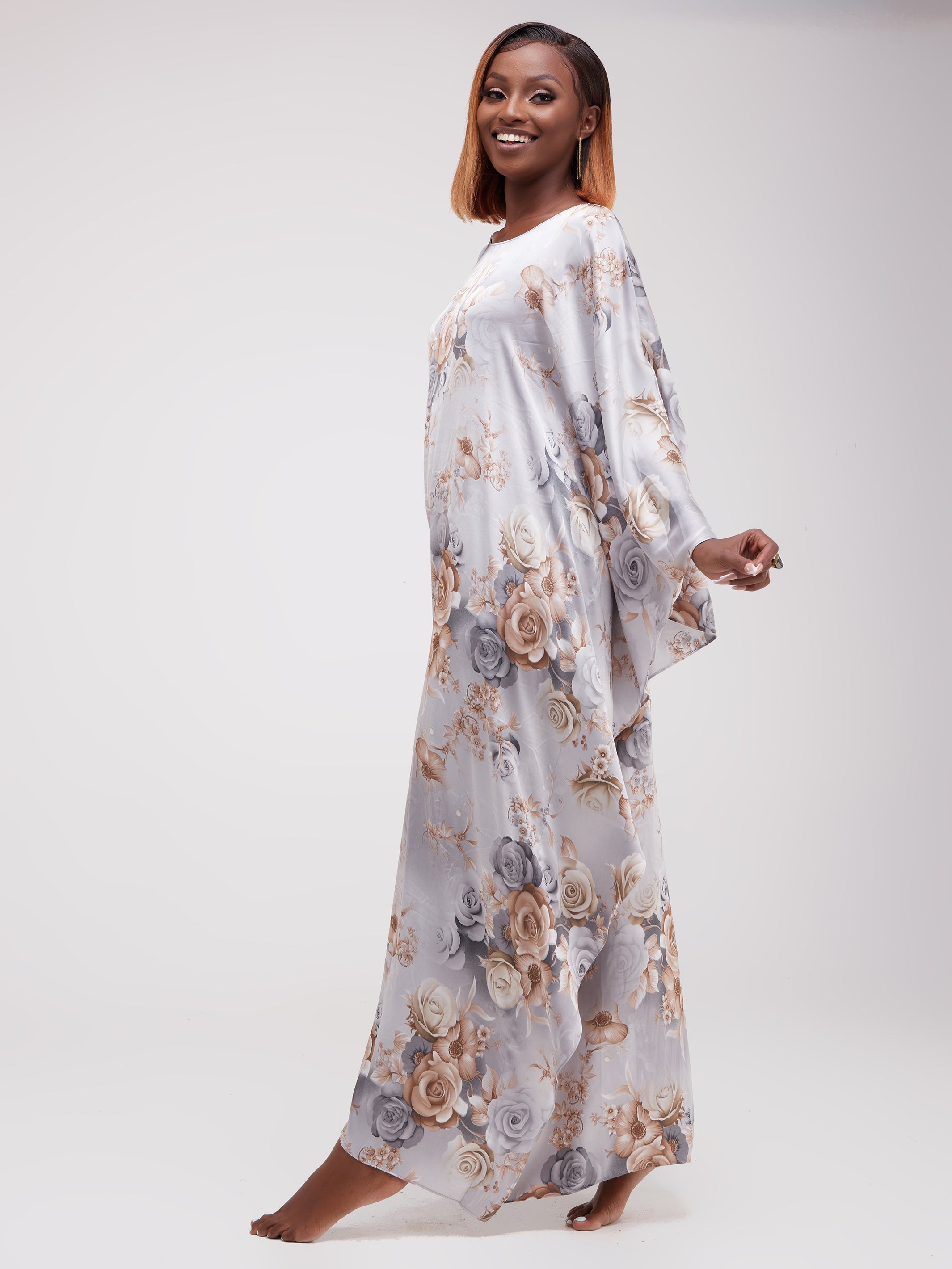 Vivo Lamu Satin Maxi Dira Dress - Grey Floral Print