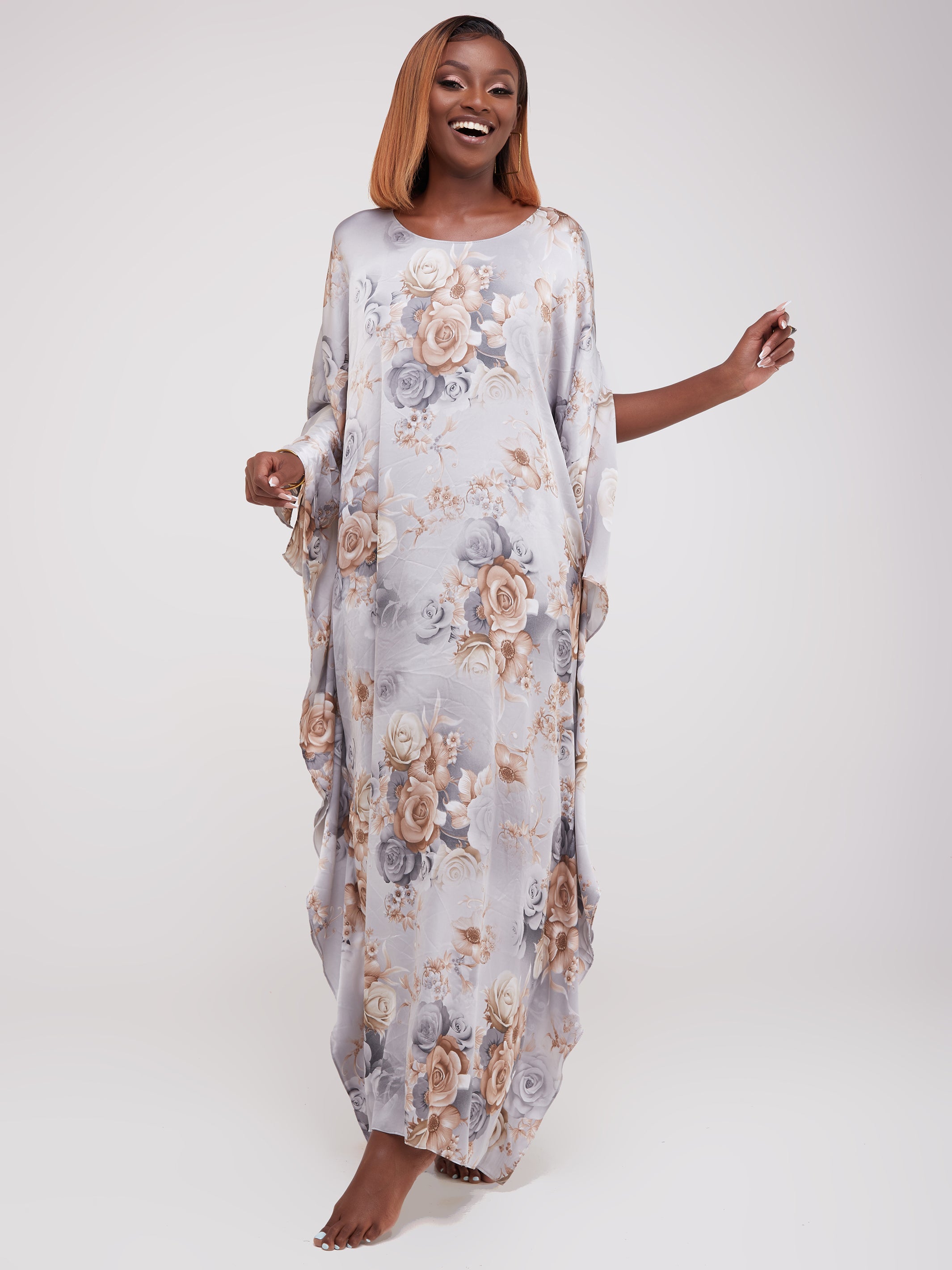 Vivo Lamu Satin Maxi Dira Dress - Grey Floral Print