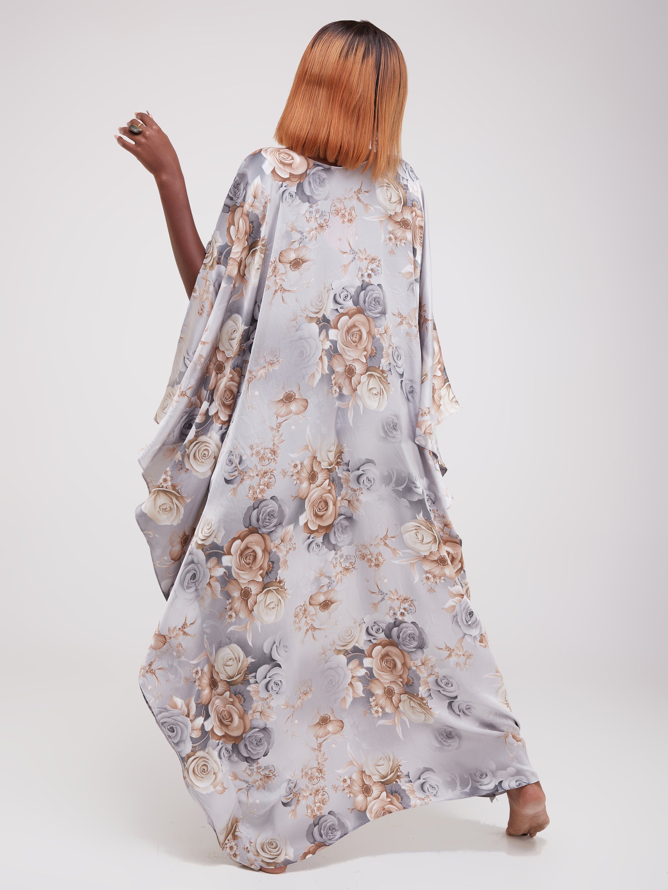 Vivo Lamu Satin Maxi Dira Dress - Grey Floral Print