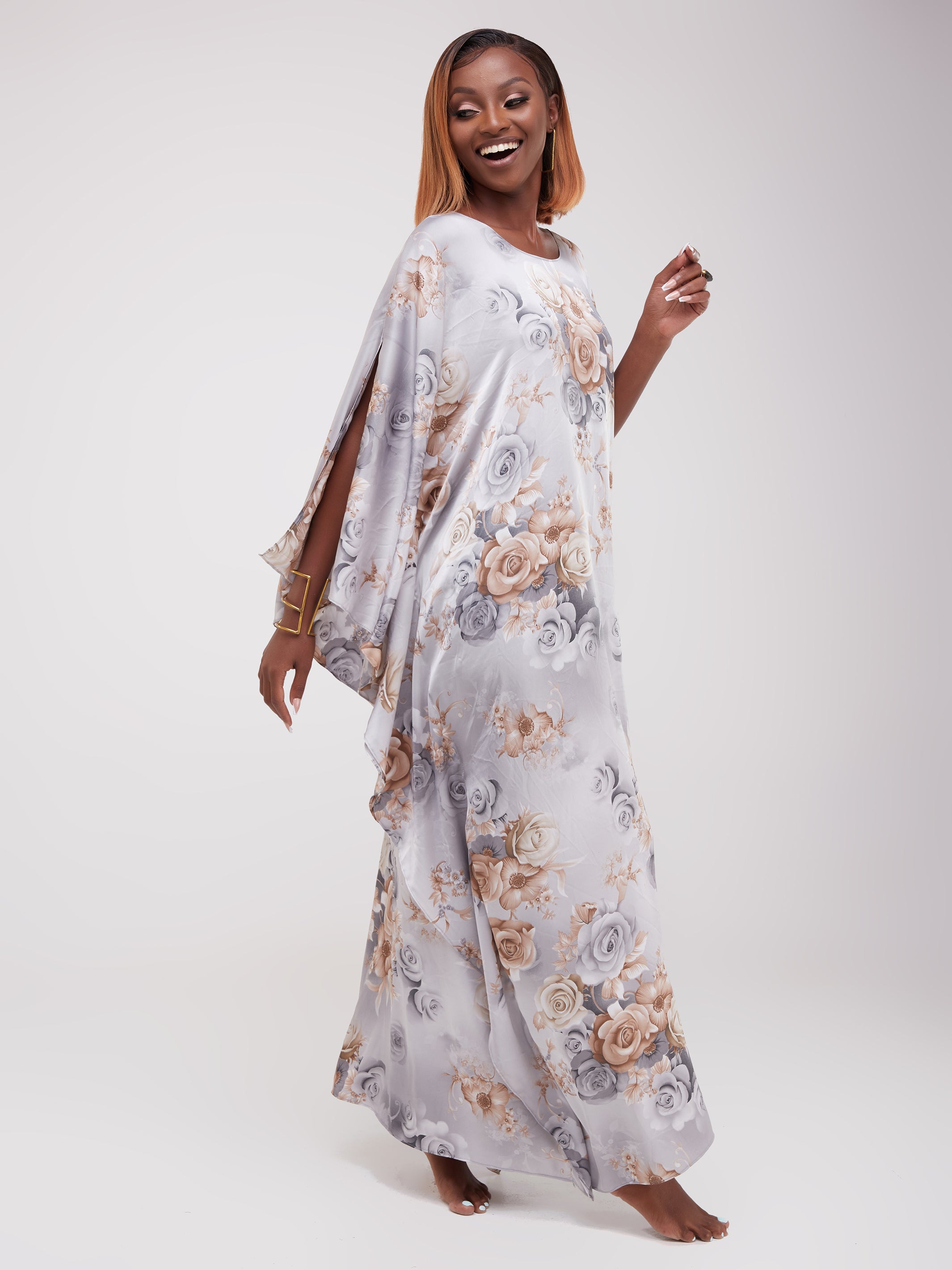 Vivo Lamu Satin Maxi Dira Dress - Grey Floral Print