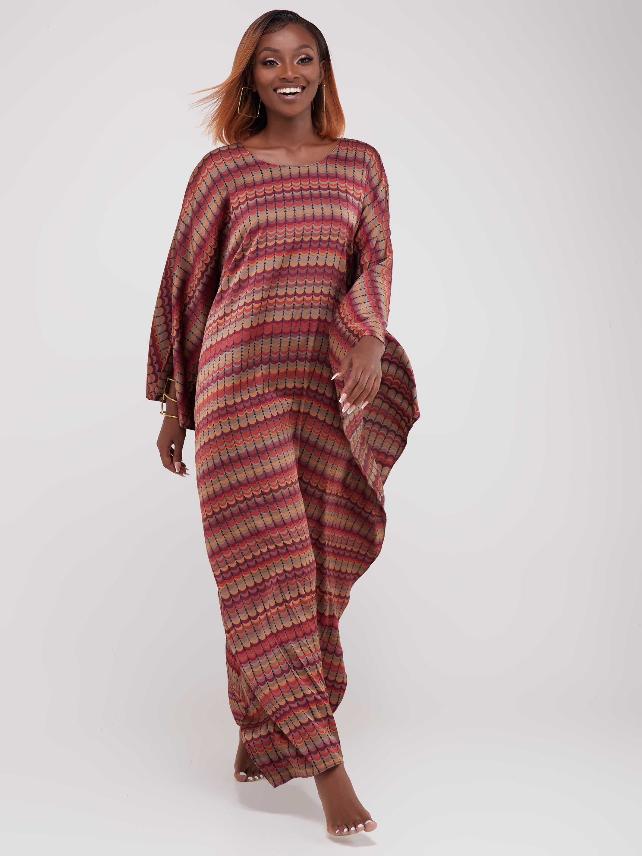 Vivo Lamu Satin Maxi Dira Dress - Maroon / Orange Print