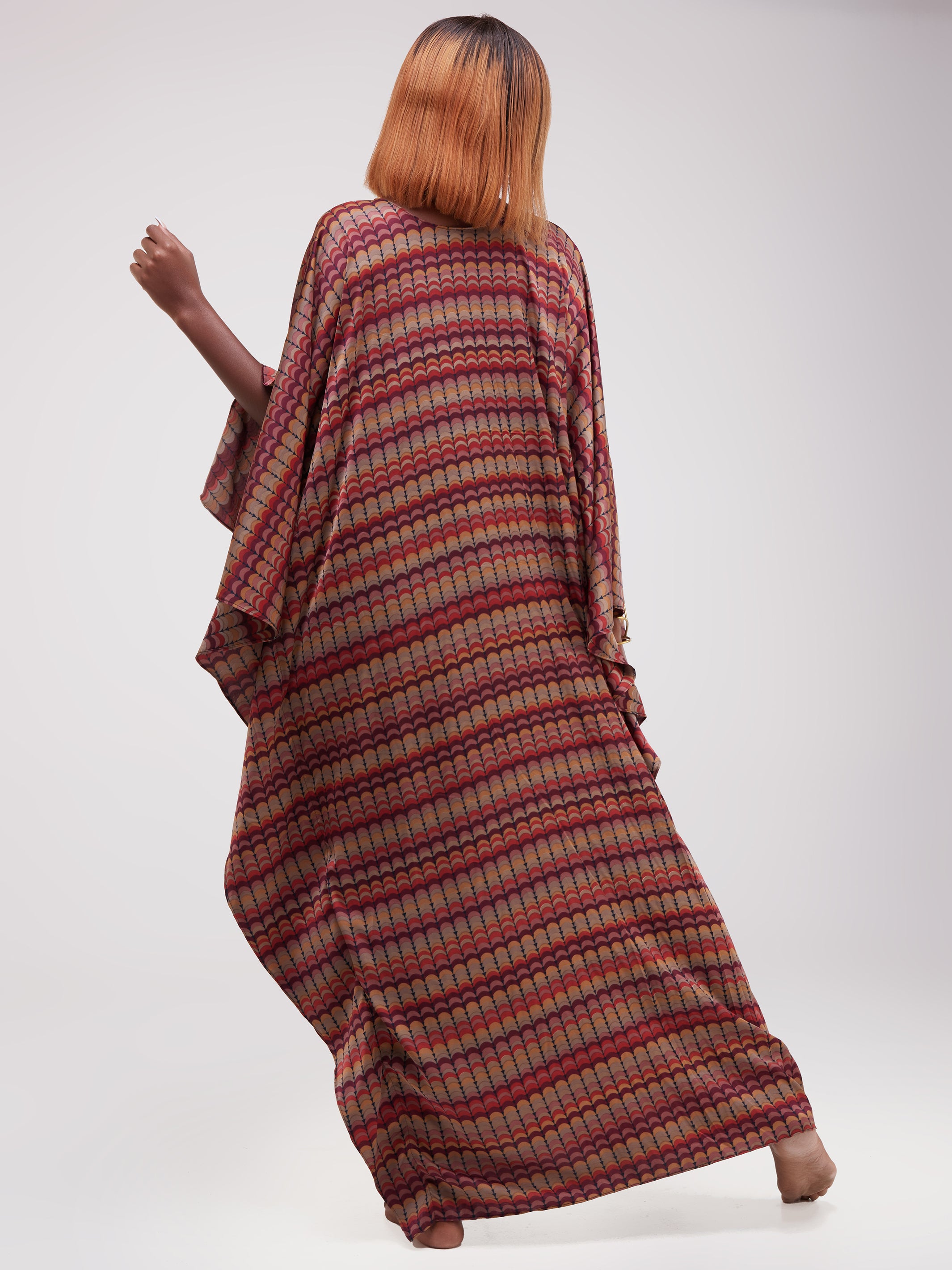 Vivo Lamu Satin Maxi Dira Dress - Maroon / Orange Print