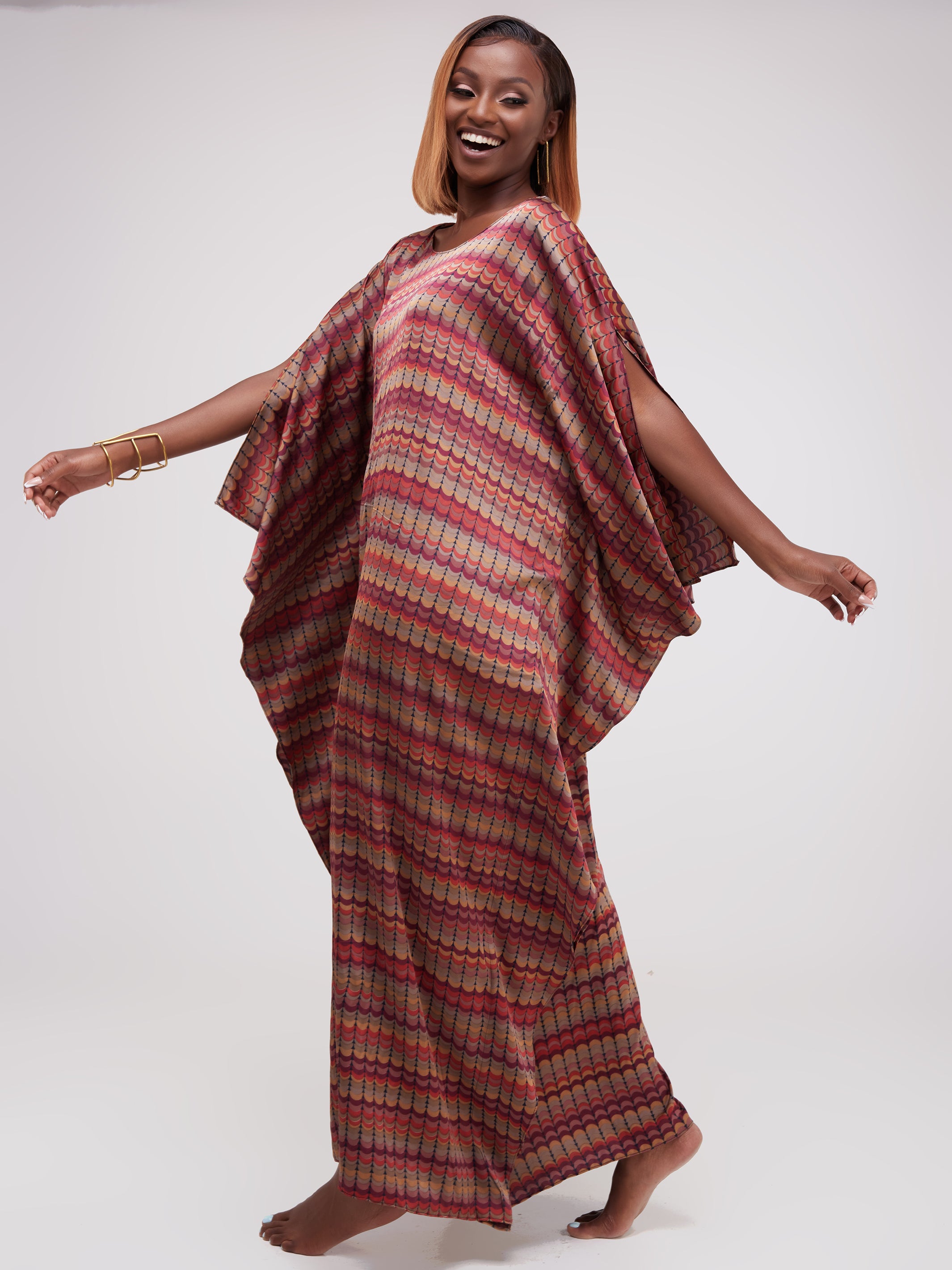 Vivo Lamu Satin Maxi Dira Dress - Maroon / Orange Print