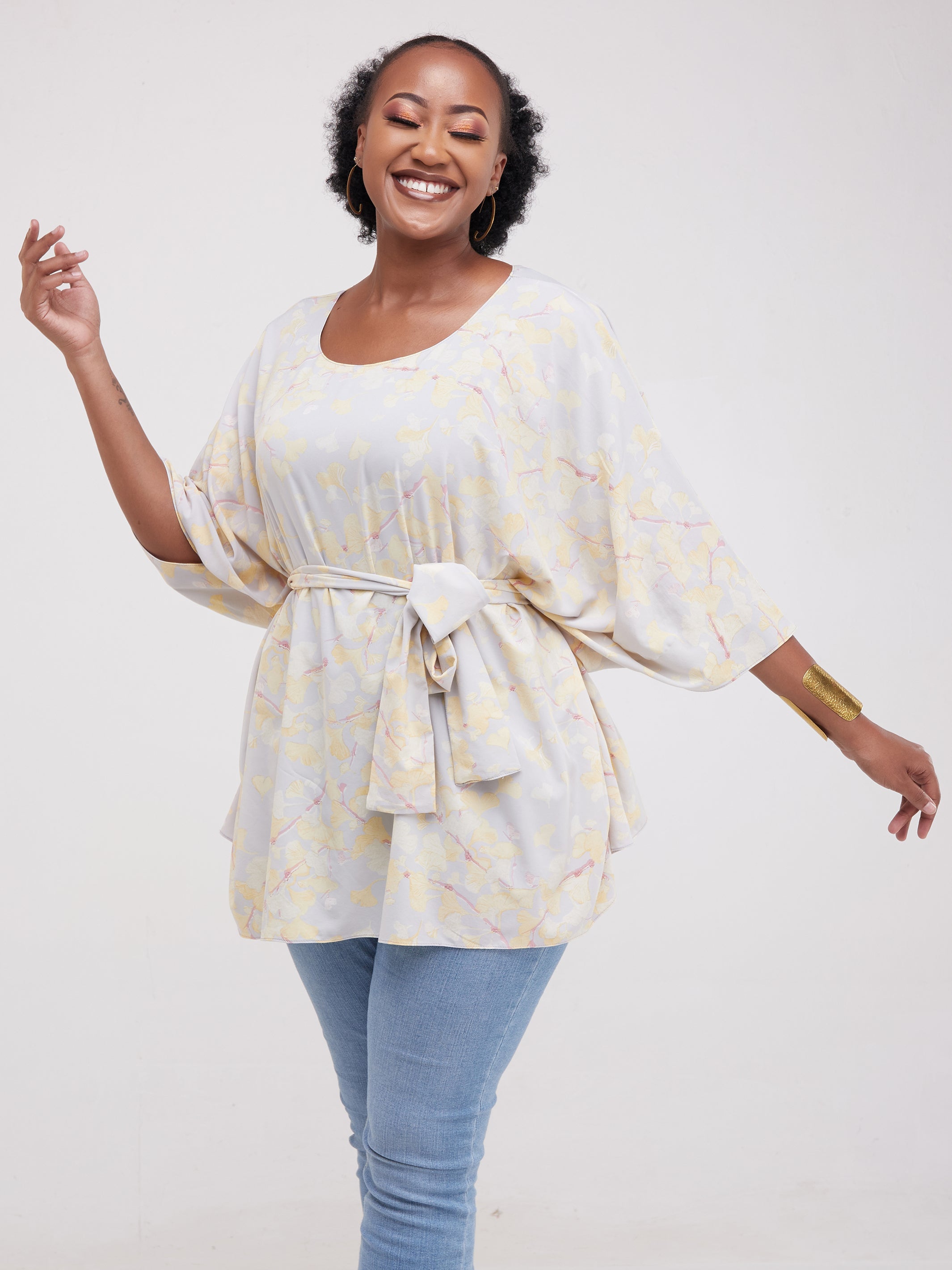 Safari Maisha Wide Loose Top - Mustard / Grey Print