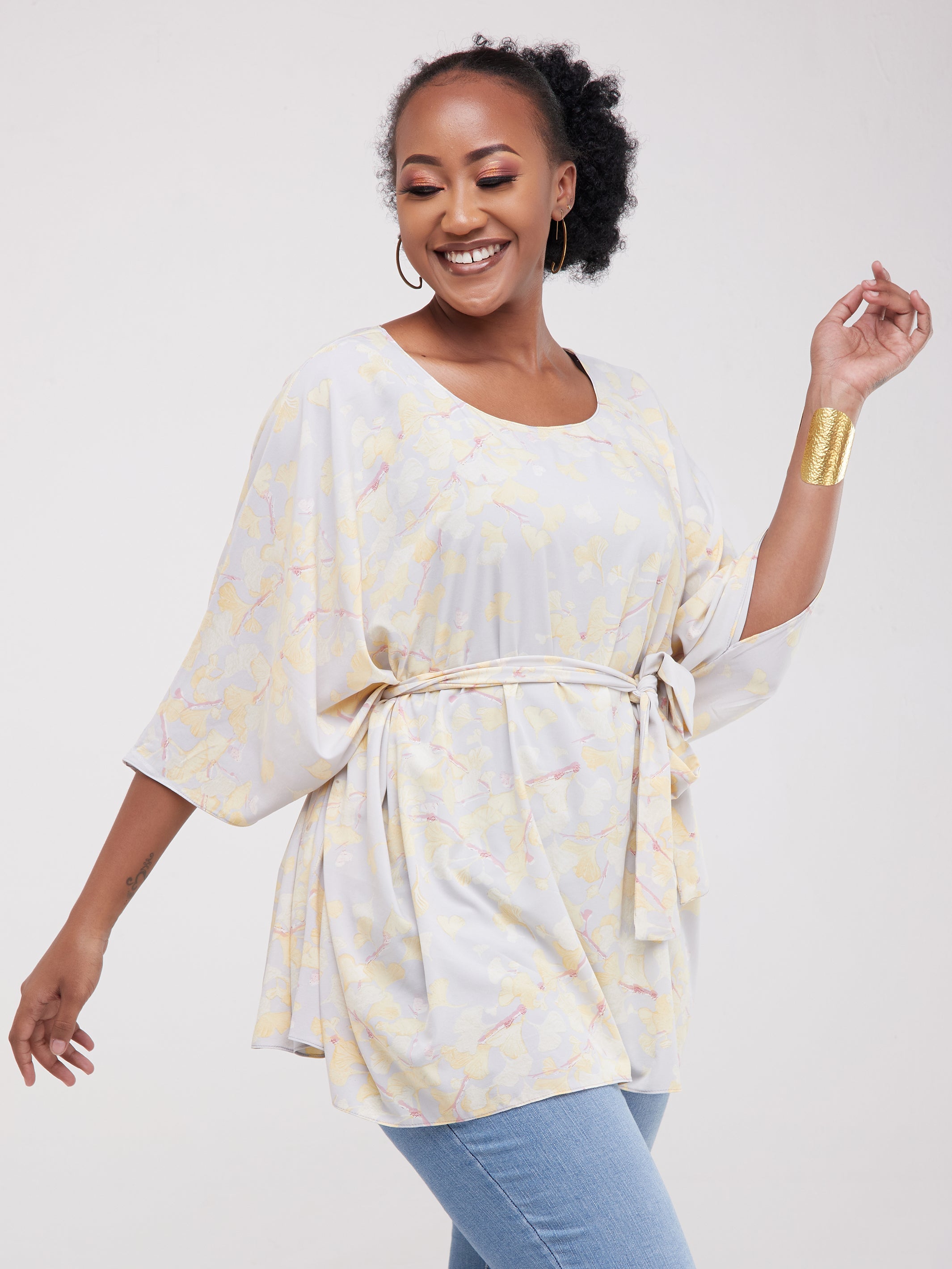 Safari Maisha Wide Loose Top - Mustard / Grey Print