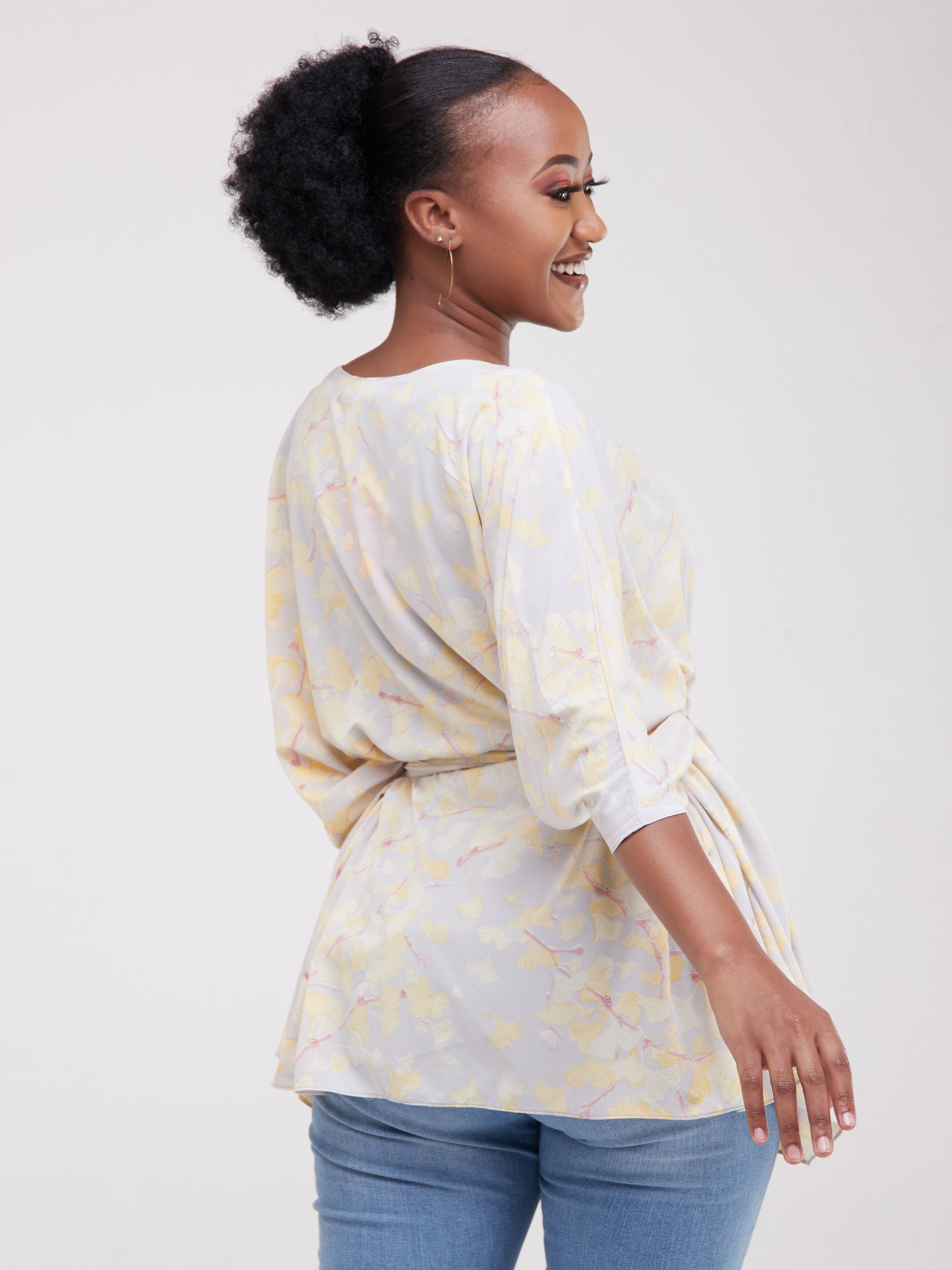 Safari Maisha Wide Loose Top - Mustard / Grey Print