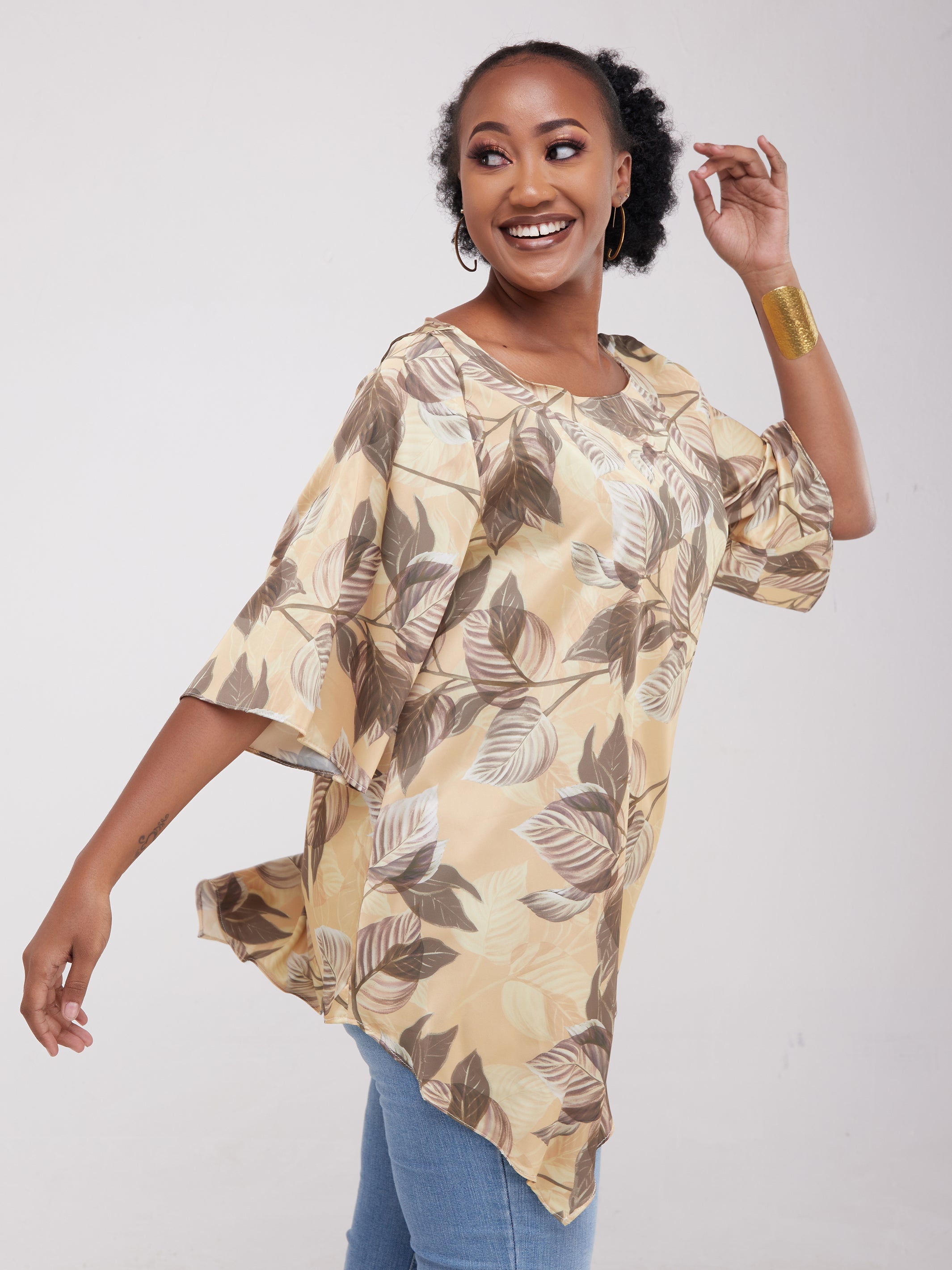 Vivo Asymmetric Angel Satin Top - Mustard / Brown Print