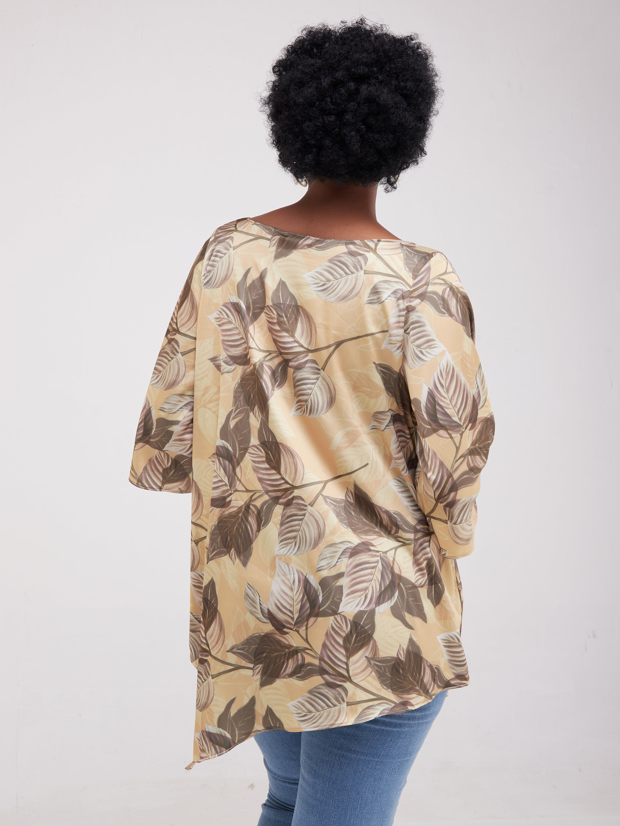 Vivo Asymmetric Angel Satin Top - Mustard / Brown Print