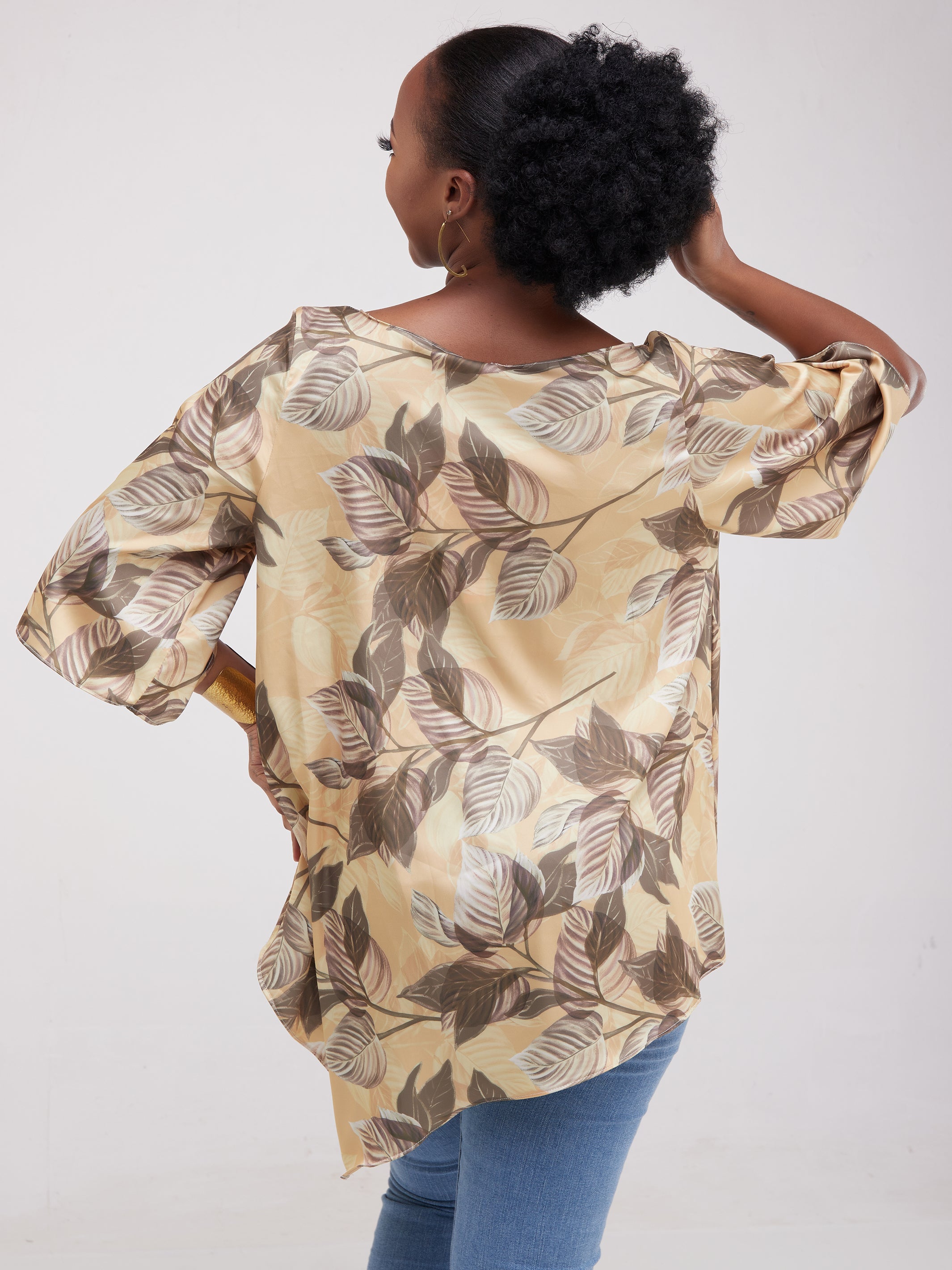 Vivo Asymmetric Angel Satin Top - Mustard / Brown Print
