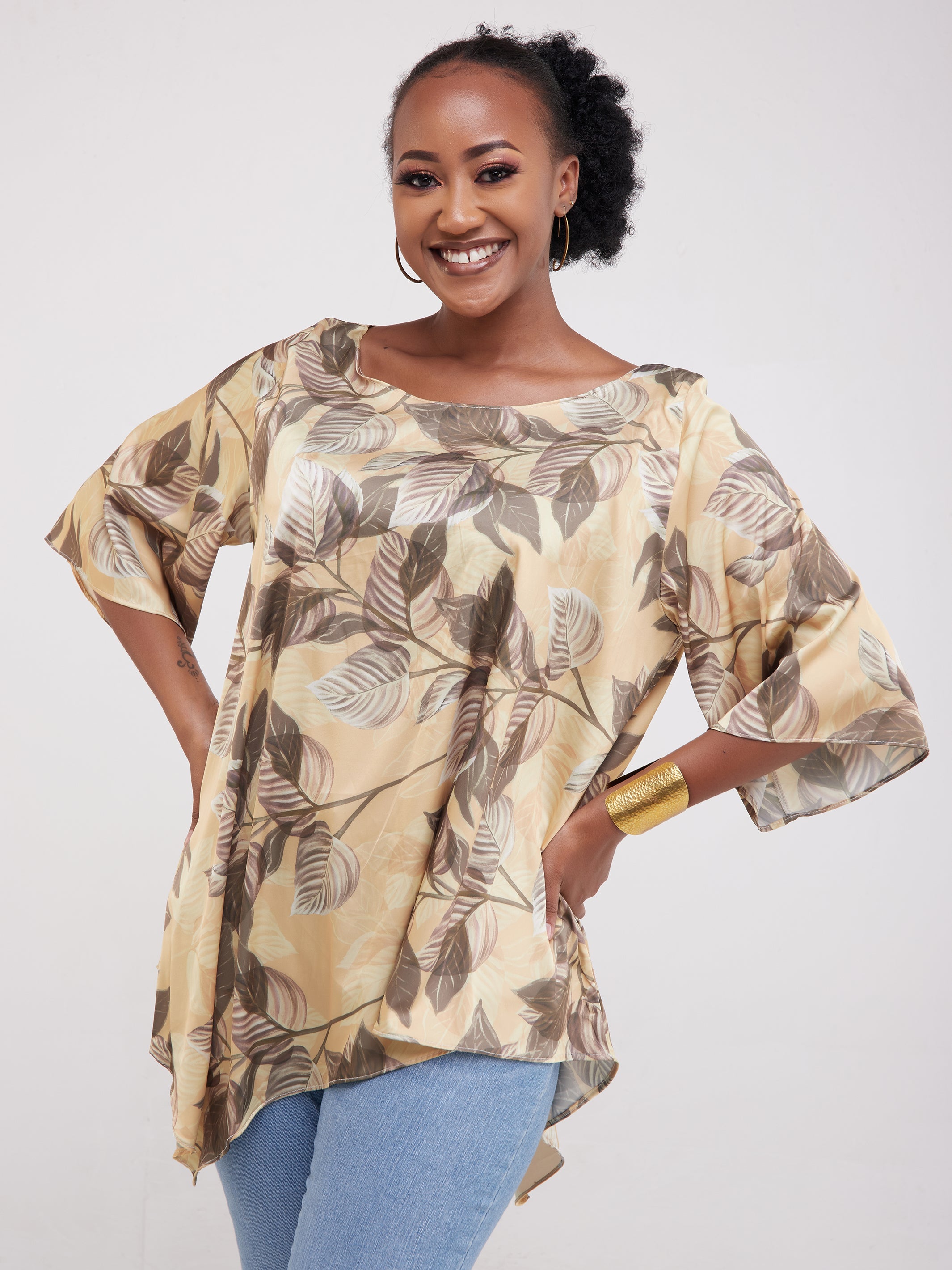 Vivo Asymmetric Angel Satin Top - Mustard / Brown Print