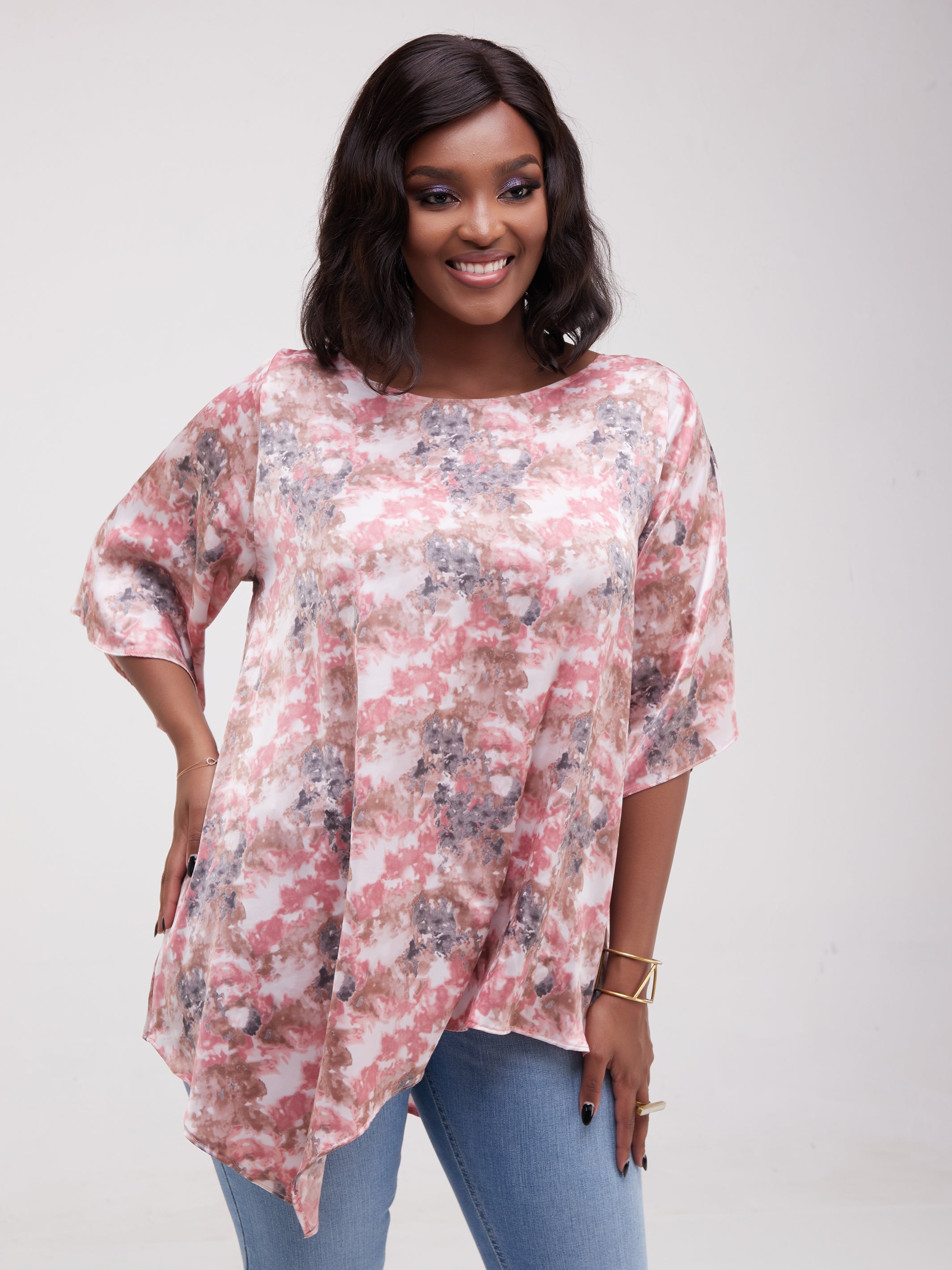 Vivo Asymmetric Angel Satin Top - Pink / Grey Print